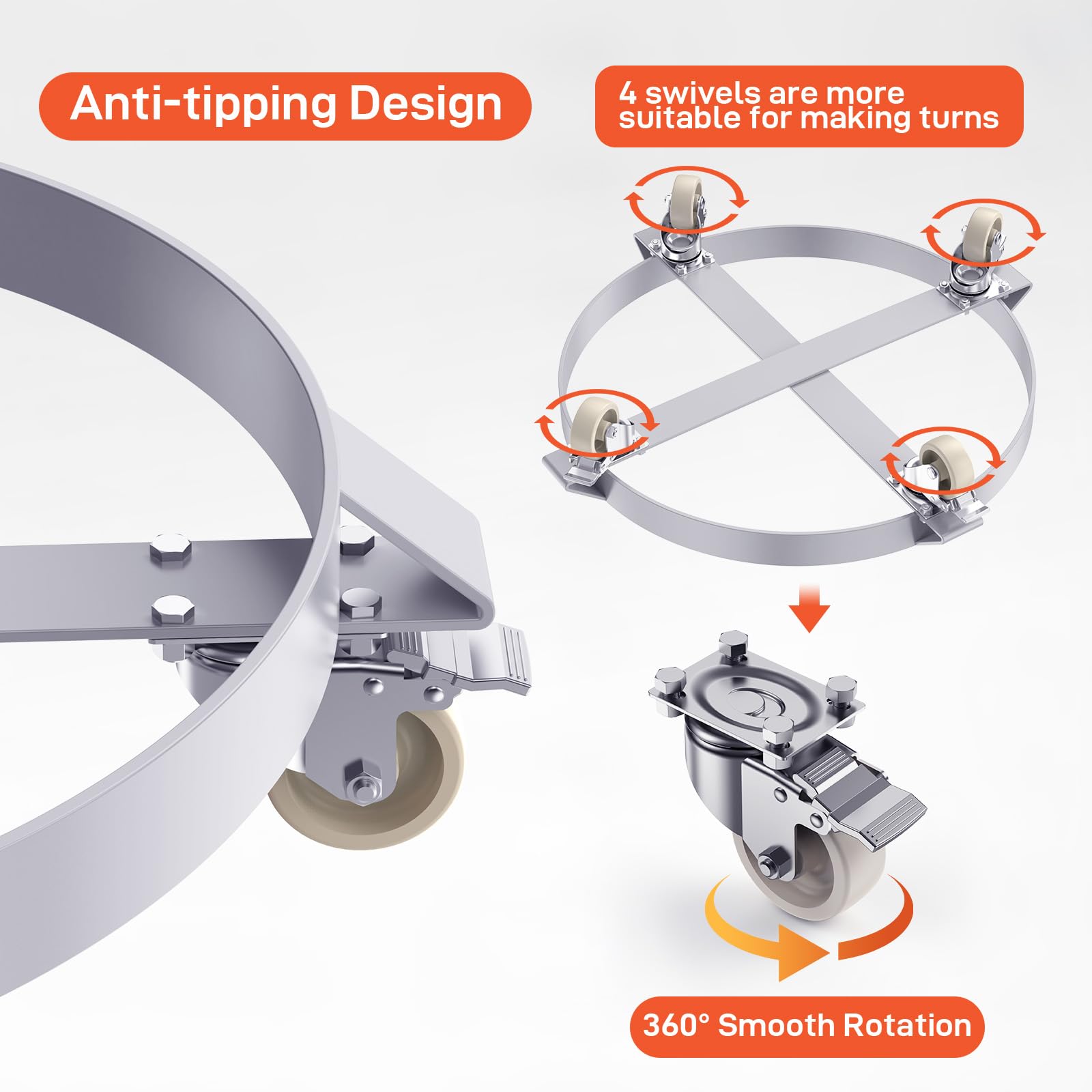 Garvee 55 gal Drum Dolly,Heavy Duty 1000 LBS Load Capacity, Barrel Dolly Cart Drum Caddy, Non Tipping Hand Truck Dollies with Steel Frame 4 Swivel Casters Wheel, for Warehouse Drum Handling (4 pcs) - Image 7