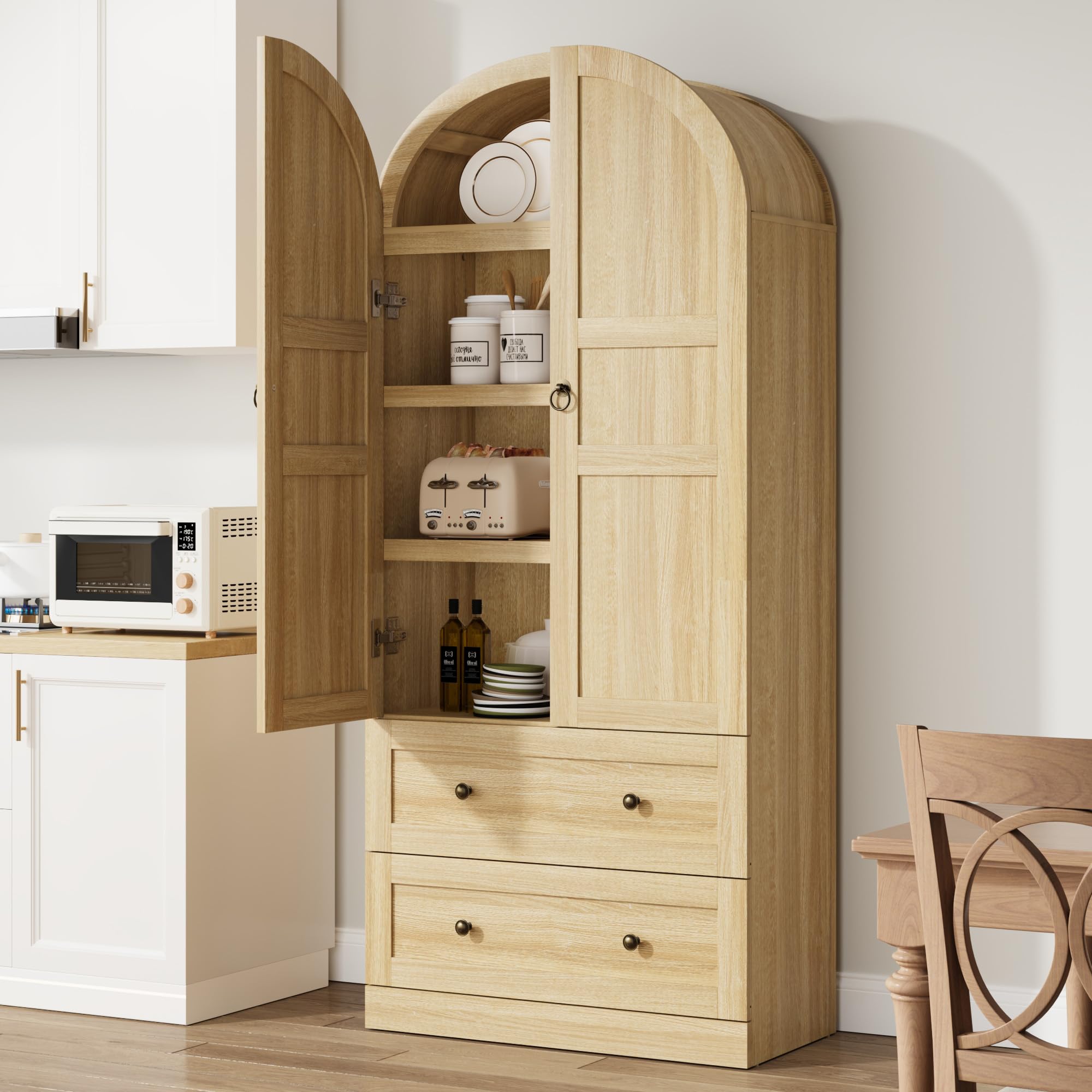 Garvee 72" Tall Dome Bookcase with Drawers, 4-Tier Wooden Bookshelf Storage Cabinet with Door, Farmhouse Arched Cabinet with Storage, Wood Arch Bookcase for Home Office, Living Room, Wood - Image 3