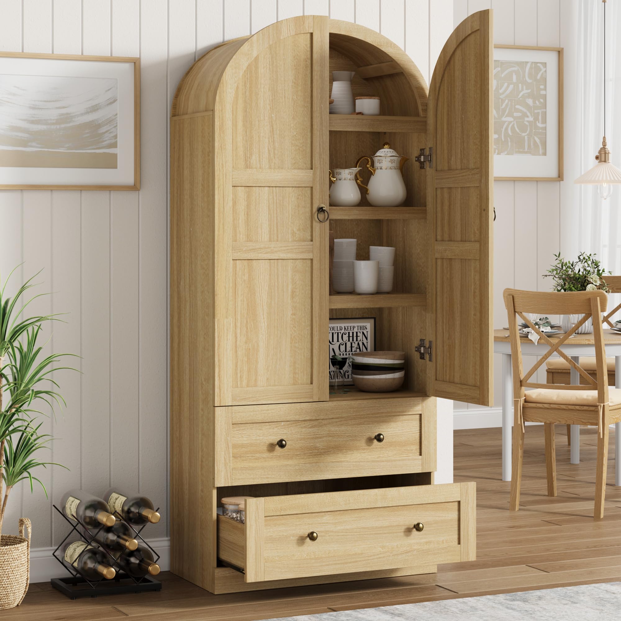 Garvee 72" Tall Dome Bookcase with Drawers, 4-Tier Wooden Bookshelf Storage Cabinet with Door, Farmhouse Arched Cabinet with Storage, Wood Arch Bookcase for Home Office, Living Room, Wood - Image 4