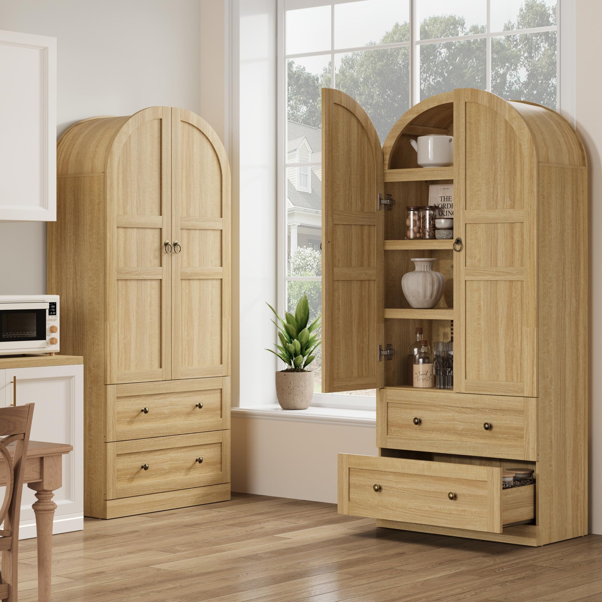 Garvee 72" Tall Dome Bookcase with Drawers, 4-Tier Wooden Bookshelf Storage Cabinet with Door, Farmhouse Arched Cabinet with Storage, Wood Arch Bookcase for Home Office, Living Room, Wood - Image 5