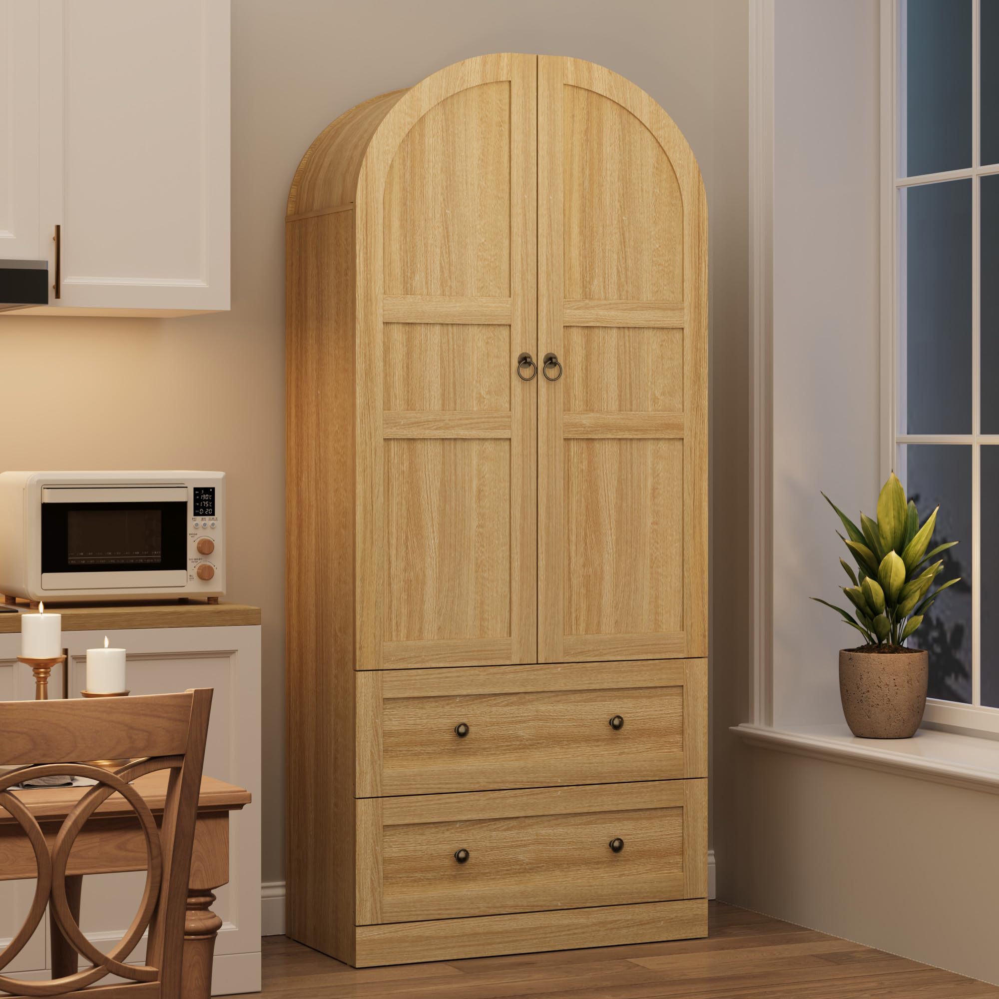 Garvee 72" Tall Dome Bookcase with Drawers, 4-Tier Wooden Bookshelf Storage Cabinet with Door, Farmhouse Arched Cabinet with Storage, Wood Arch Bookcase for Home Office, Living Room, Wood - Image 6