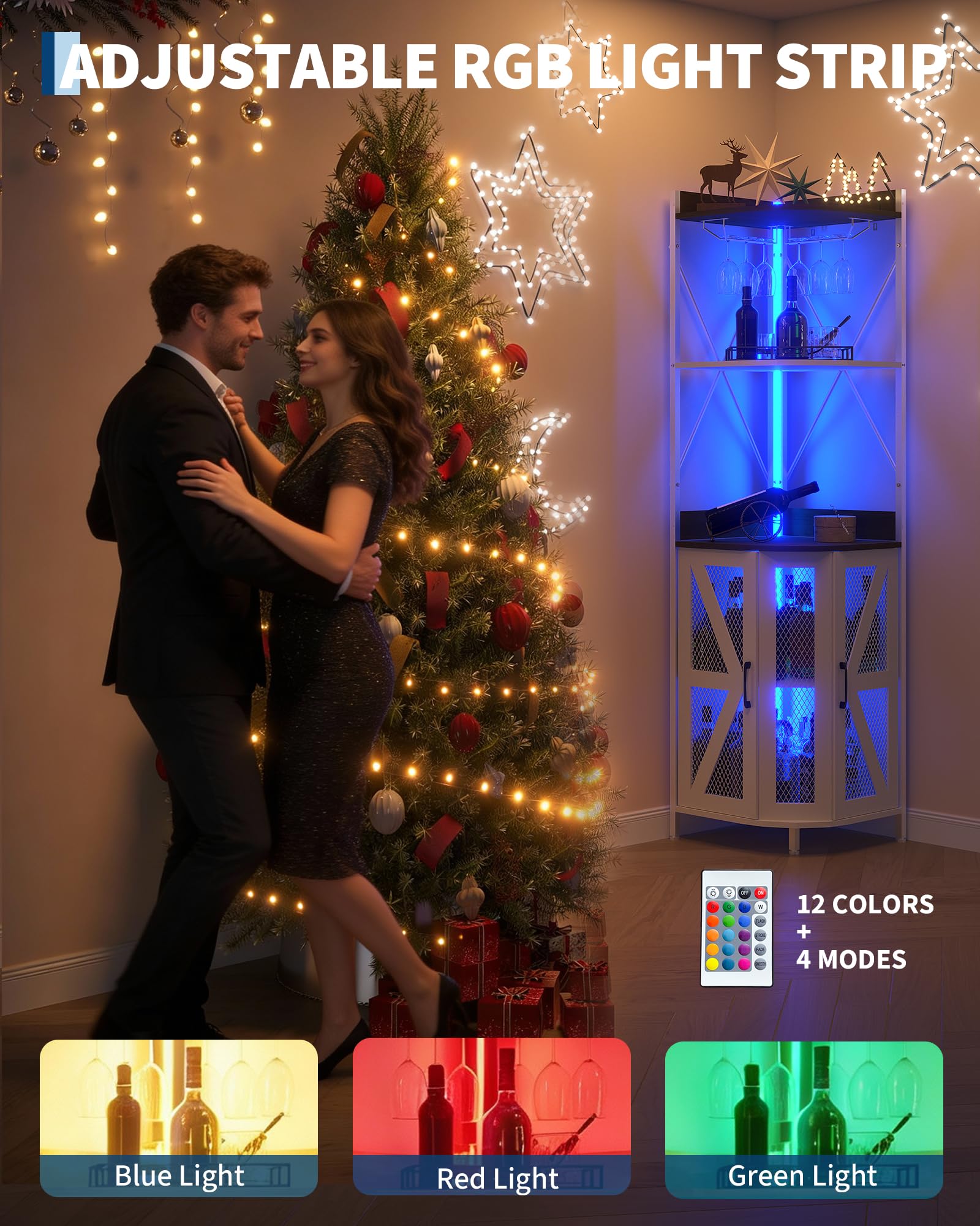 Garvee 72in Corner Wine Cabinet with Power Outlet, Industrial Wine Cabinet w/LED Strip&Glass Holder, 5-Tiers Liquor Cabinets Bar for Home, Small Space, Display Cabinets for, 12 Colors, Mesh Door - Image 3