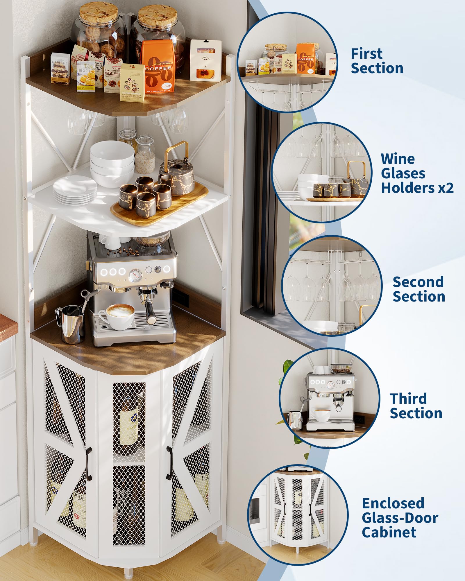 Garvee 72in Corner Wine Cabinet with Power Outlet, Industrial Wine Cabinet w/LED Strip&Glass Holder, 5-Tiers Liquor Cabinets Bar for Home, Small Space, Display Cabinets for, 12 Colors, Mesh Door - Image 4