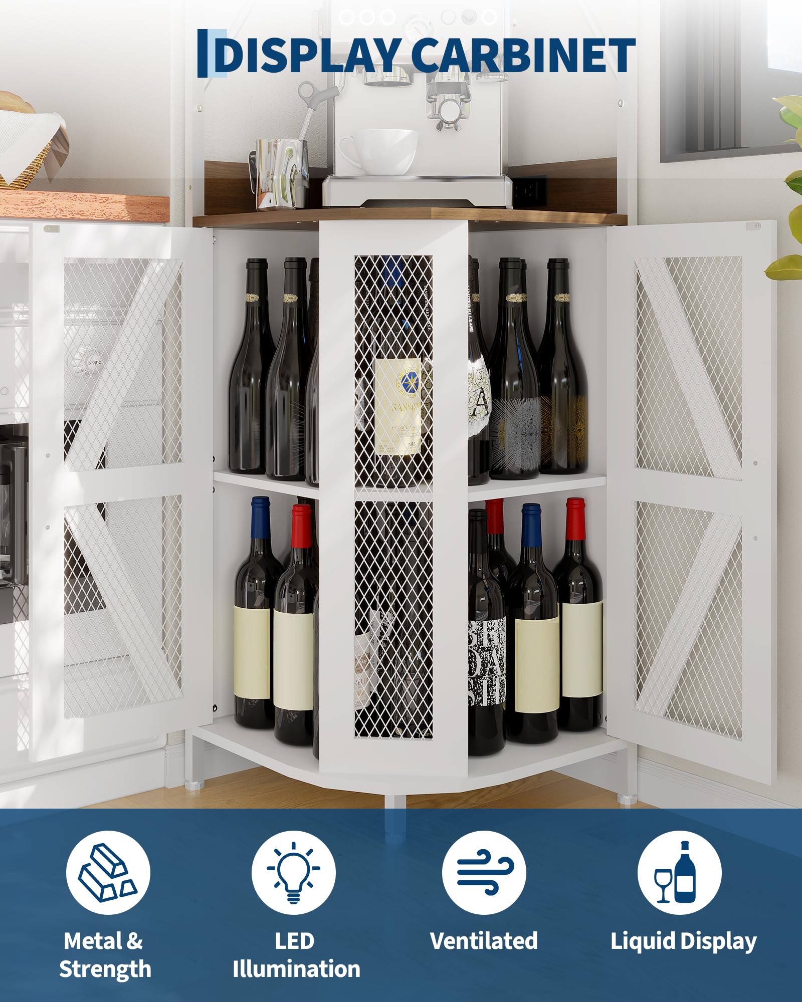 Garvee 72in Corner Wine Cabinet with Power Outlet, Industrial Wine Cabinet w/LED Strip&Glass Holder, 5-Tiers Liquor Cabinets Bar for Home, Small Space, Display Cabinets for, 12 Colors, Mesh Door - Image 5