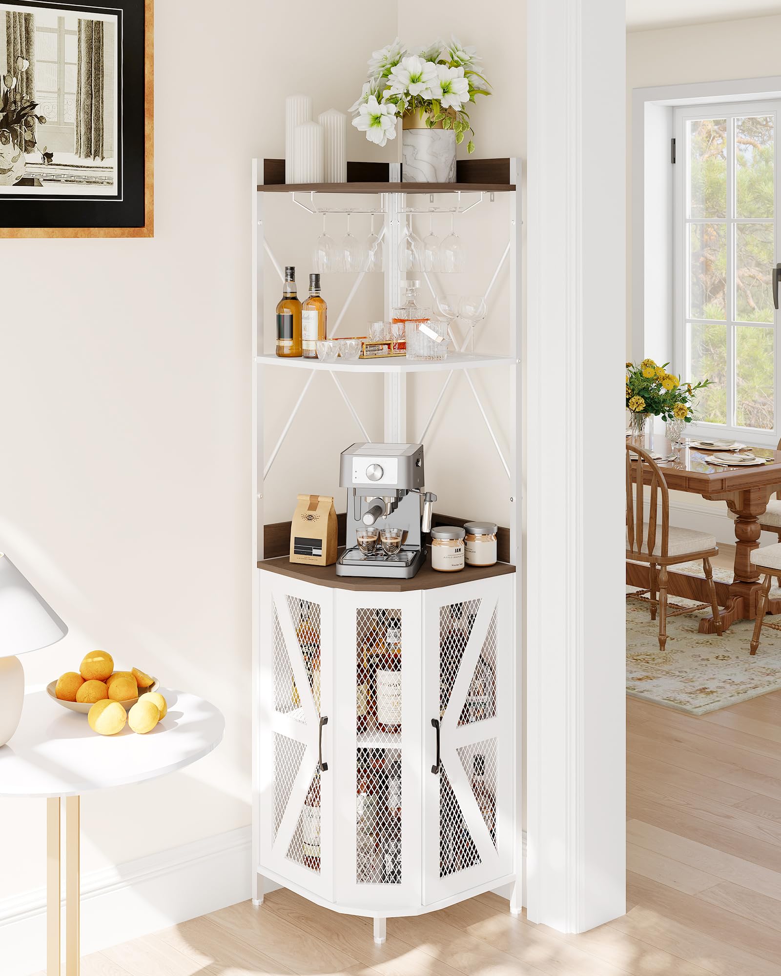 Garvee 72in Corner Wine Cabinet with Power Outlet, Industrial Wine Cabinet w/LED Strip&Glass Holder, 5-Tiers Liquor Cabinets Bar for Home, Small Space, Display Cabinets for, 12 Colors, Mesh Door - Image 6