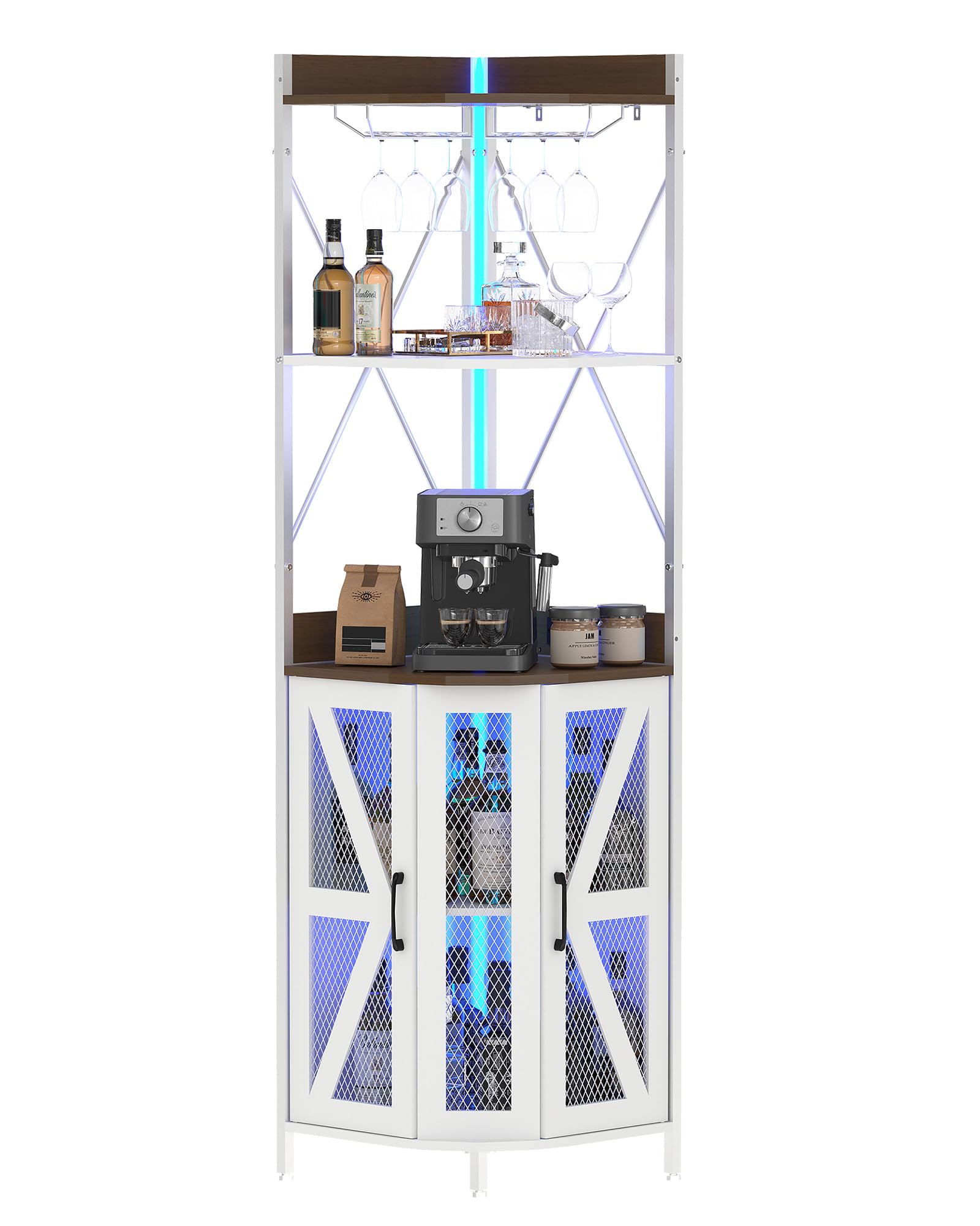 Garvee 72in Corner Wine Cabinet with Power Outlet, Industrial Wine Cabinet w/LED Strip&Glass Holder, 5-Tiers Liquor Cabinets Bar for Home, Small Space, Display Cabinets for, 12 Colors, Mesh Door - Image 9