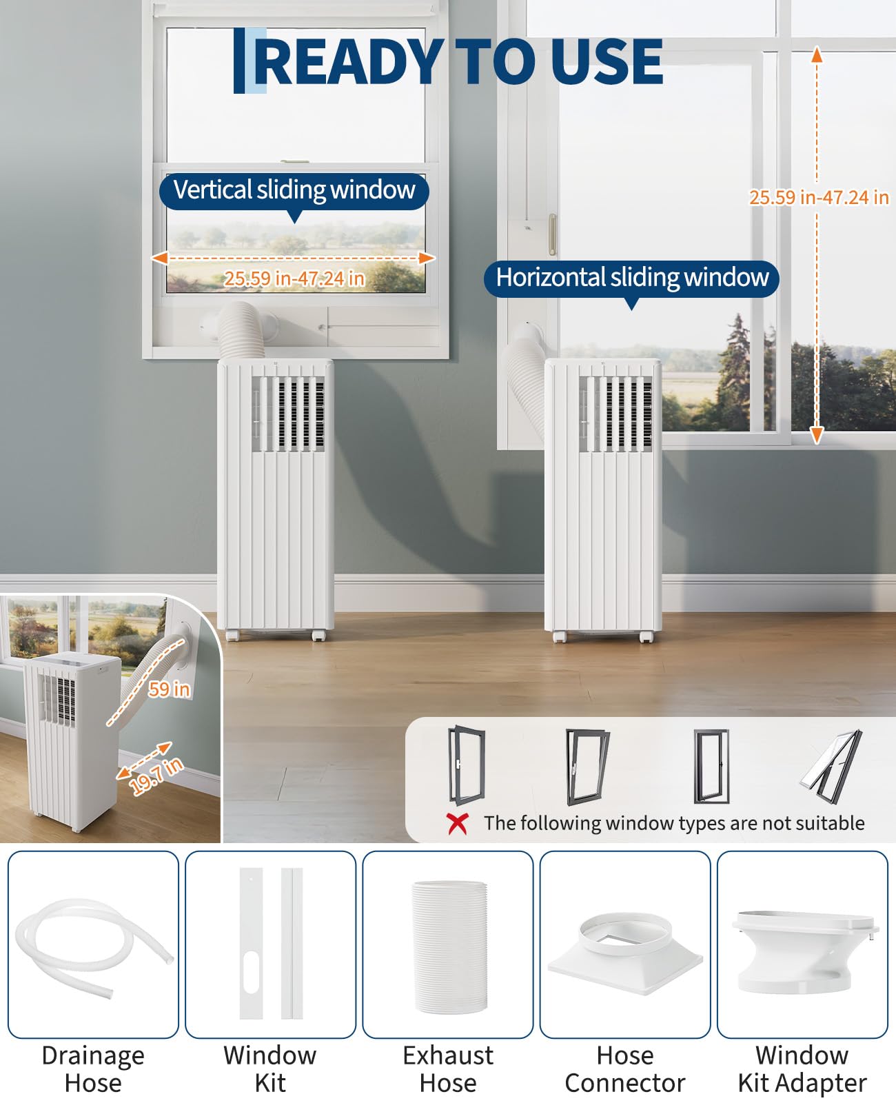 Garvee 8000 BTU Portable Air Conditioner, 3-in-1 Cooling, Dehumidifying & Fan for Rooms Up to 350 Sq. Ft | Quiet Sleep Mode | Energy-Saving 24-Hr Timer | AC Unit w/Remote & Full Window Kit, White - Image 8