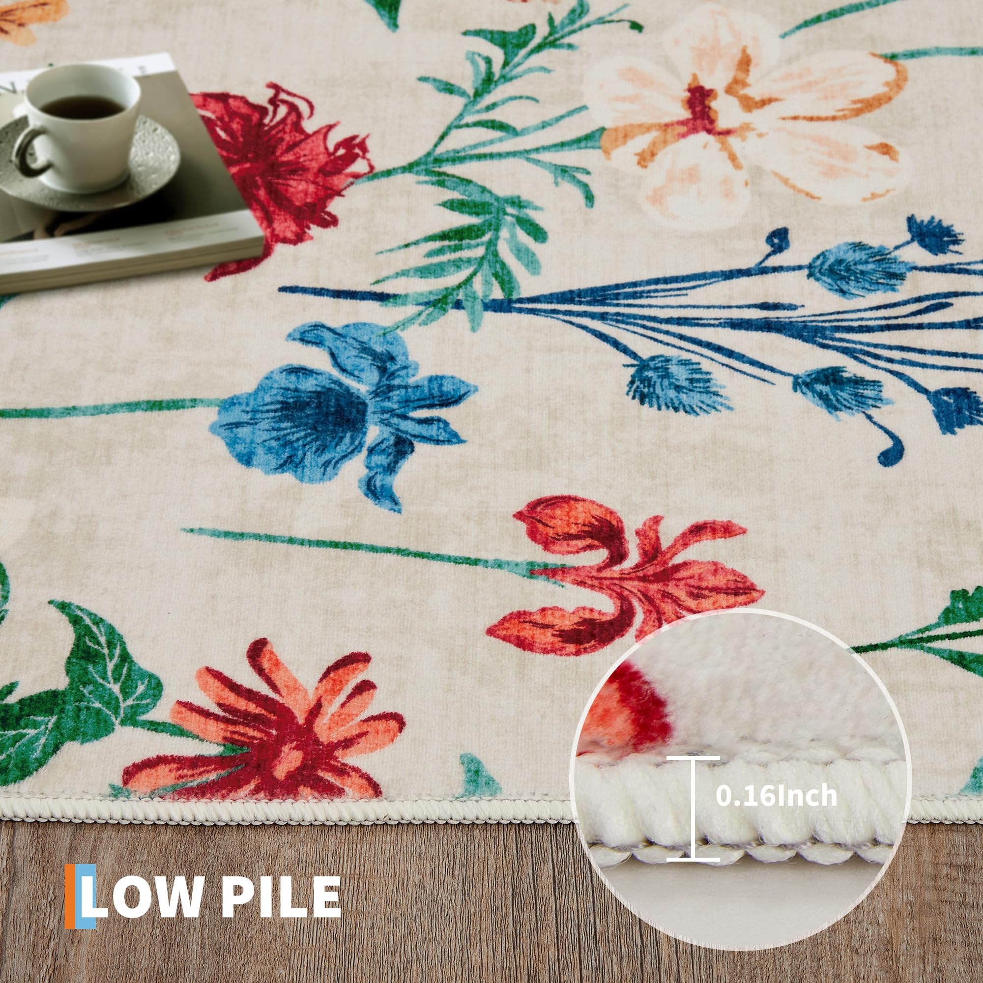 Garvee 8x10 Floral Area Rugs Washable, Non Slip Low Pile Boho Indoor Rug, Soft Vintage Carpet for Living Room, Bedroom, Dining Room, Beige - Image 3