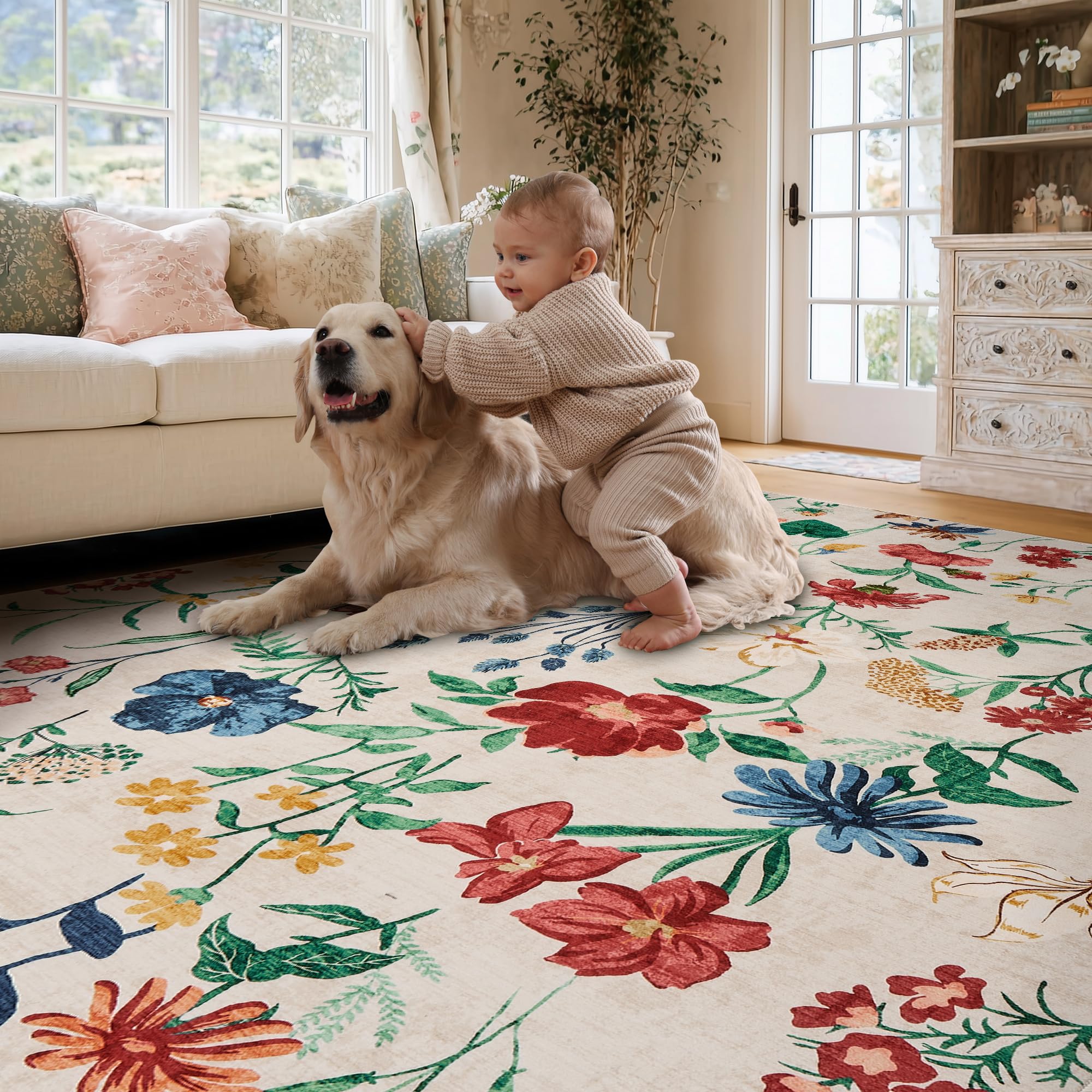 Garvee 8x10 Floral Area Rugs Washable, Non Slip Low Pile Boho Indoor Rug, Soft Vintage Carpet for Living Room, Bedroom, Dining Room, Beige - Image 4