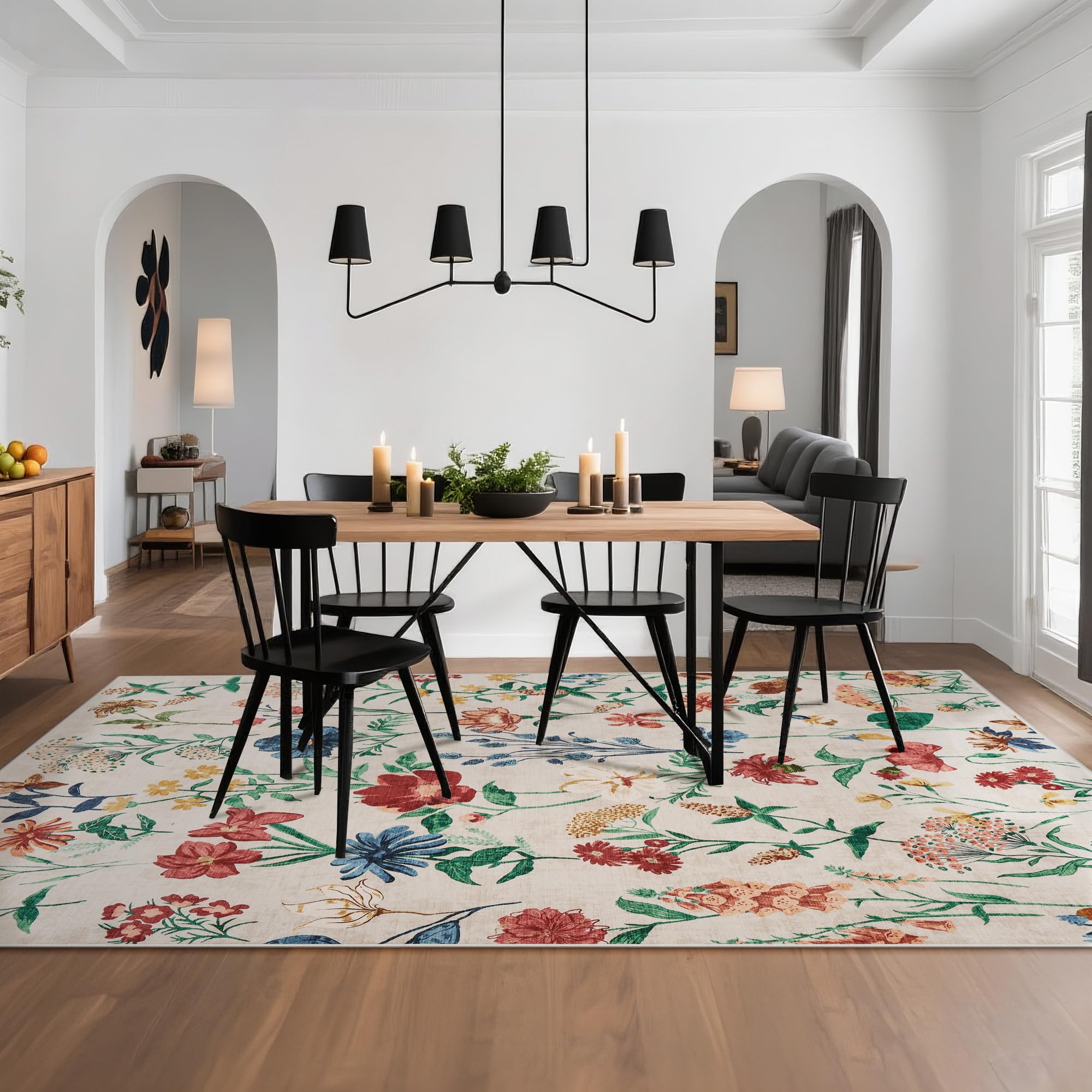 Garvee 8x10 Floral Area Rugs Washable, Non Slip Low Pile Boho Indoor Rug, Soft Vintage Carpet for Living Room, Bedroom, Dining Room, Beige - Image 6