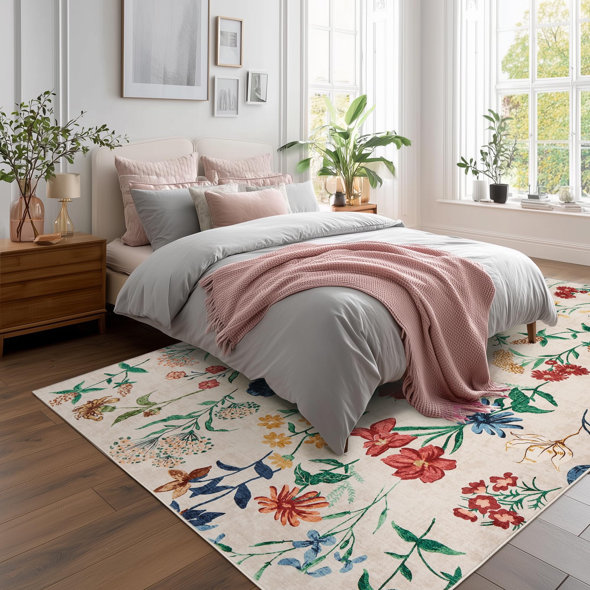 Garvee 8x10 Floral Area Rugs Washable, Non Slip Low Pile Boho Indoor Rug, Soft Vintage Carpet for Living Room, Bedroom, Dining Room, Beige - Image 7