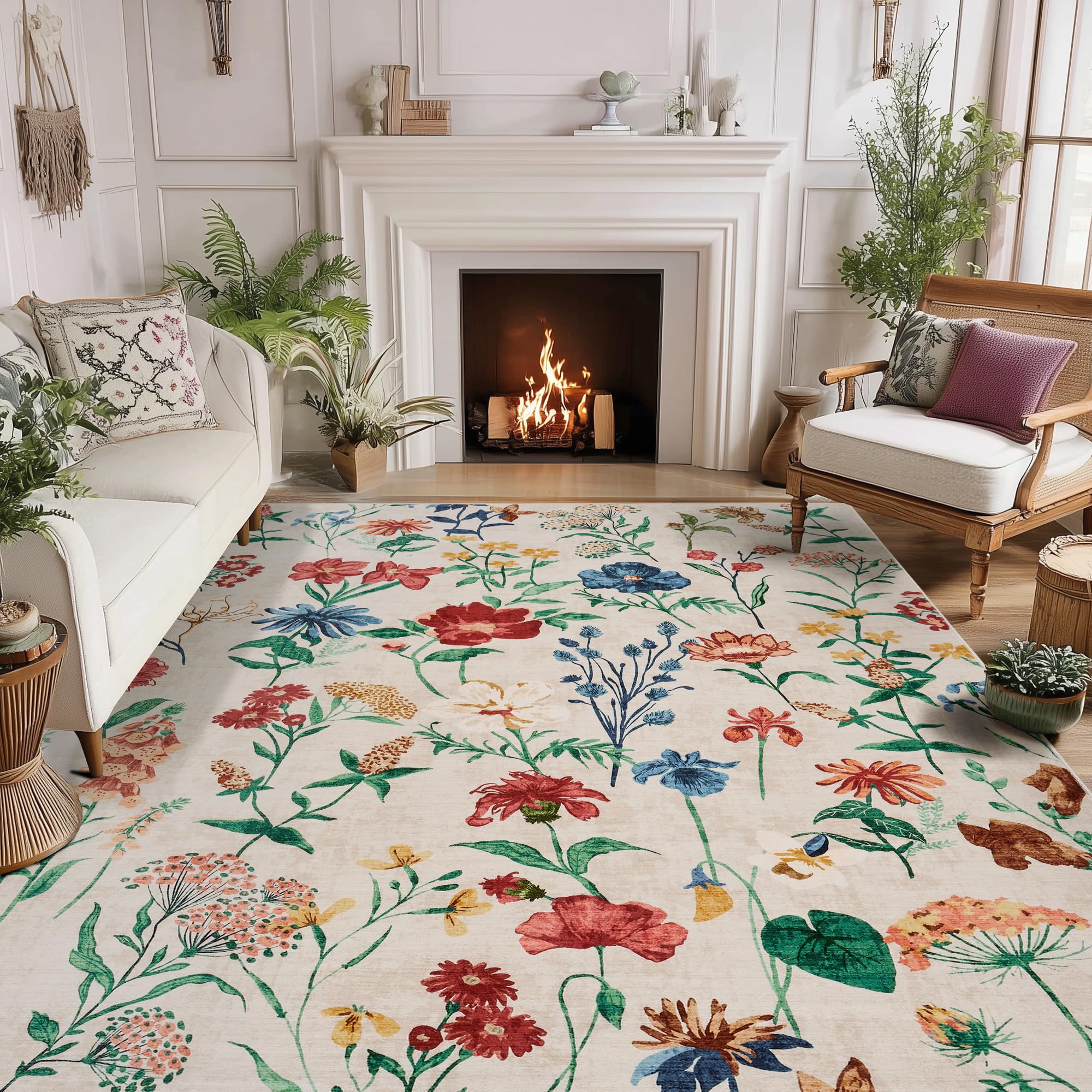 Garvee 8x10 Floral Area Rugs Washable, Non Slip Low Pile Boho Indoor Rug, Soft Vintage Carpet for Living Room, Bedroom, Dining Room, Beige - Image 8