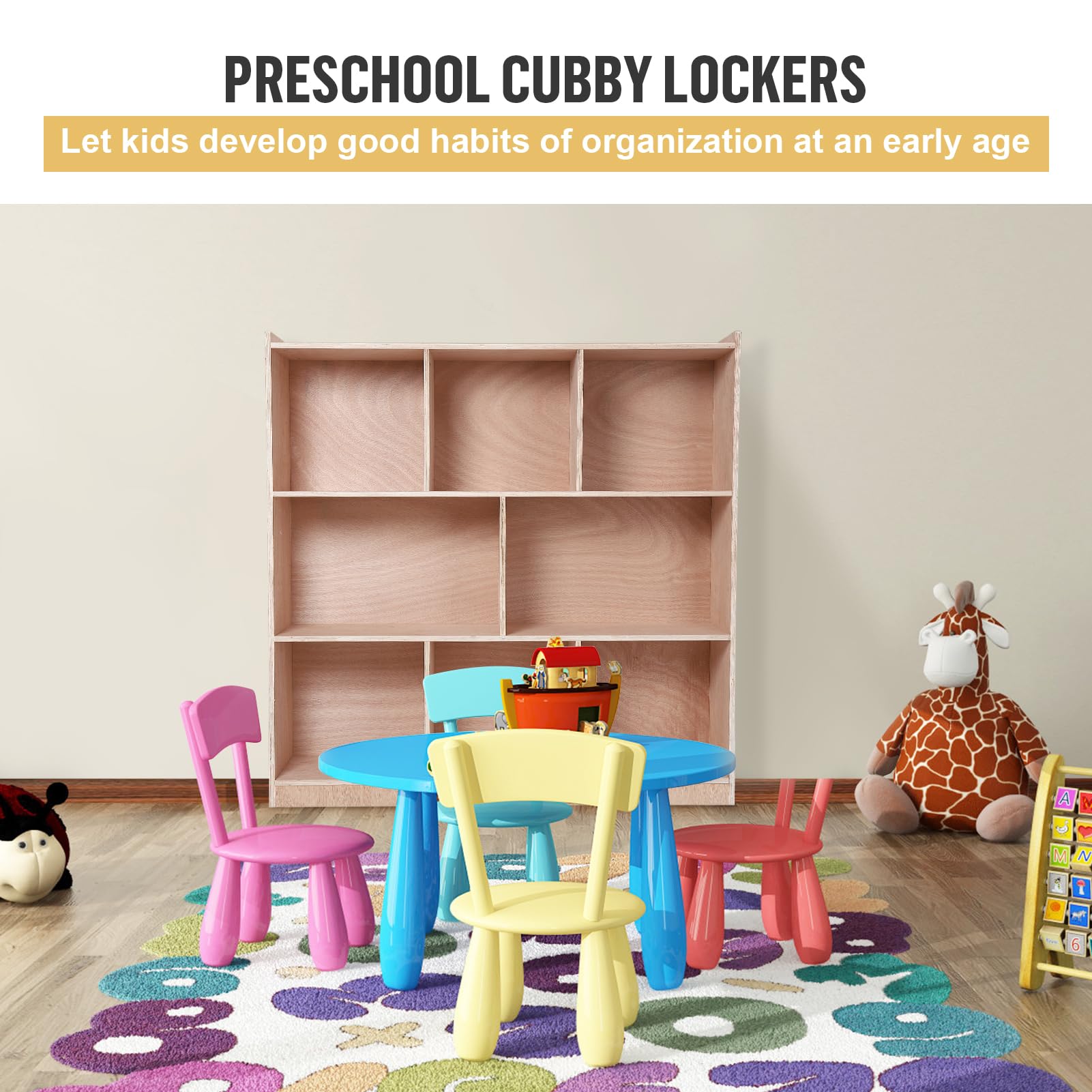 Garvee 9-Section Coat Locker with Bench, Classroom Furniture, Natural - Image 4