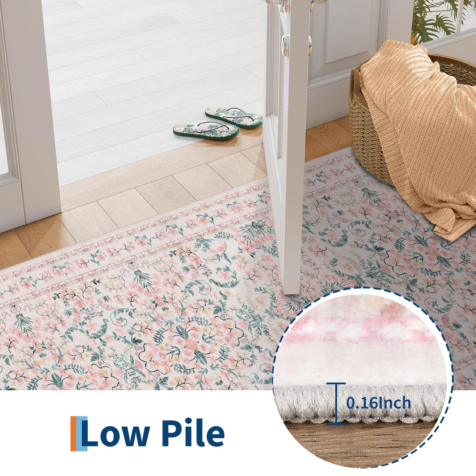 Garvee Area Rug 8x10 for Living Room, Washable Non Slip Low Pile Rugs, Floral Soft Carpet for Living Room, Bedroom, Dining Room, Pink - Image 3