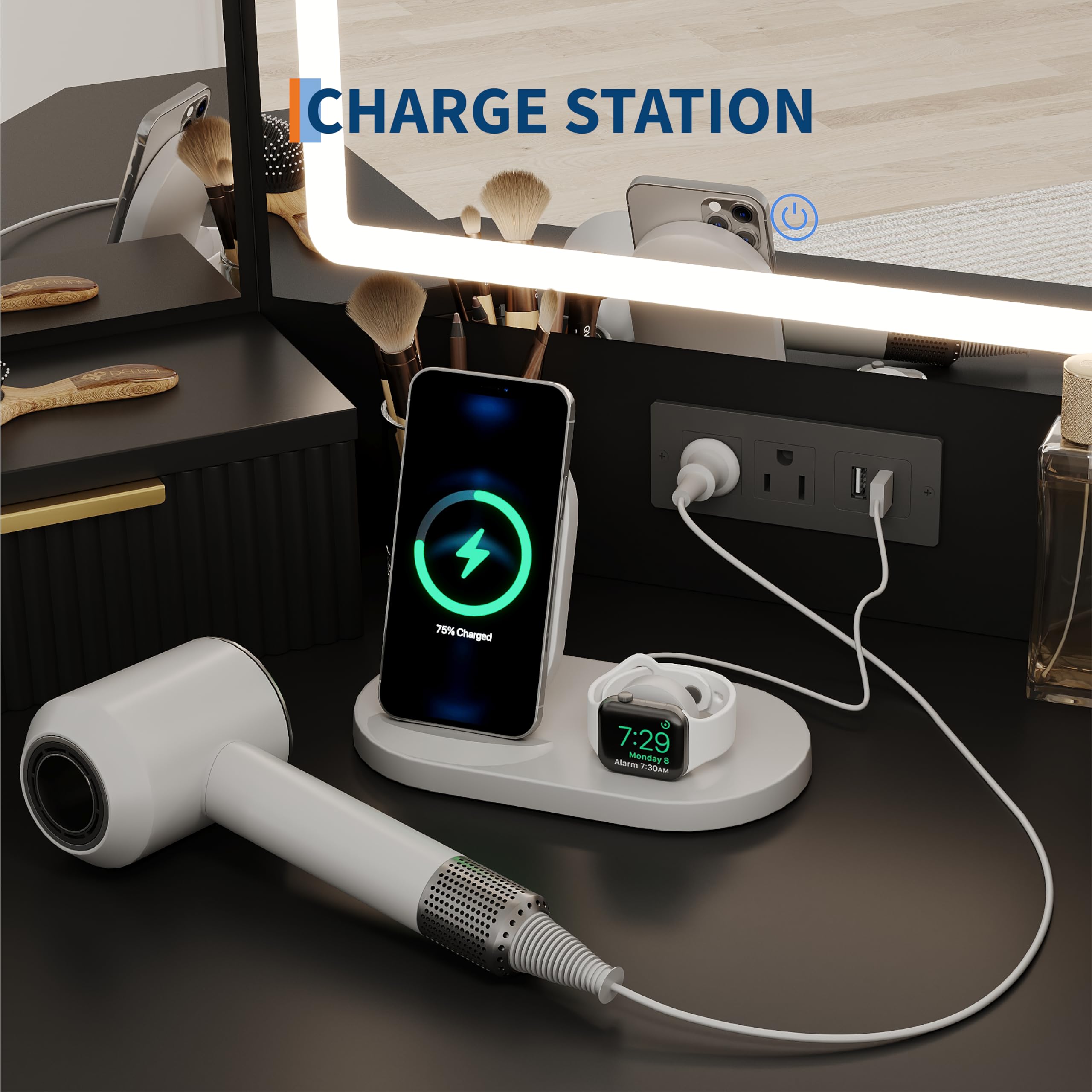 Garvee Black Corner Vanity, Corner Vanity Desk with Mirror and Lights, Fluted Makeup Table with Charging Station, Drawers, Storage Cabinets - Image 3