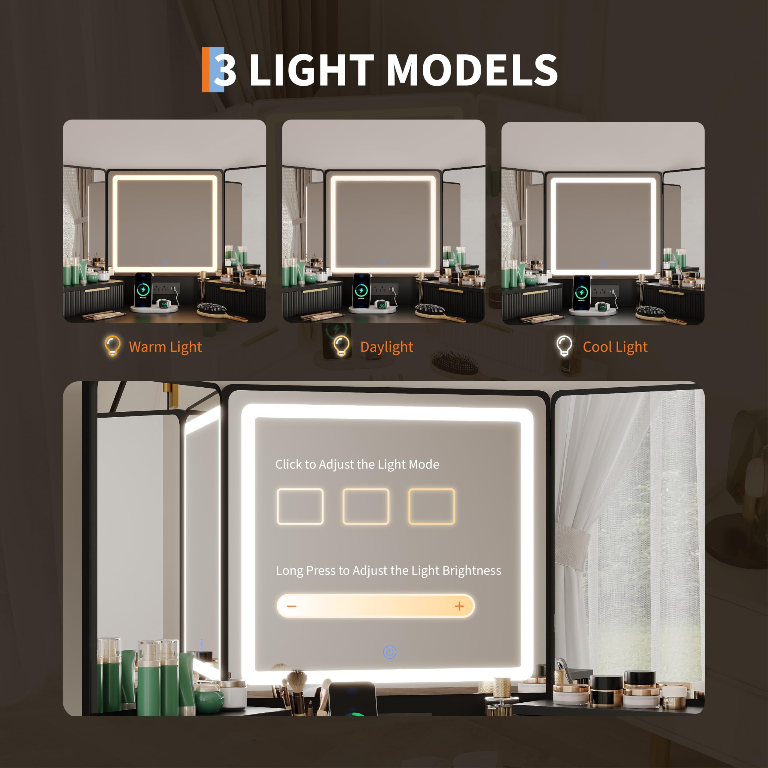 Garvee Black Corner Vanity, Corner Vanity Desk with Mirror and Lights, Fluted Makeup Table with Charging Station, Drawers, Storage Cabinets - Image 4