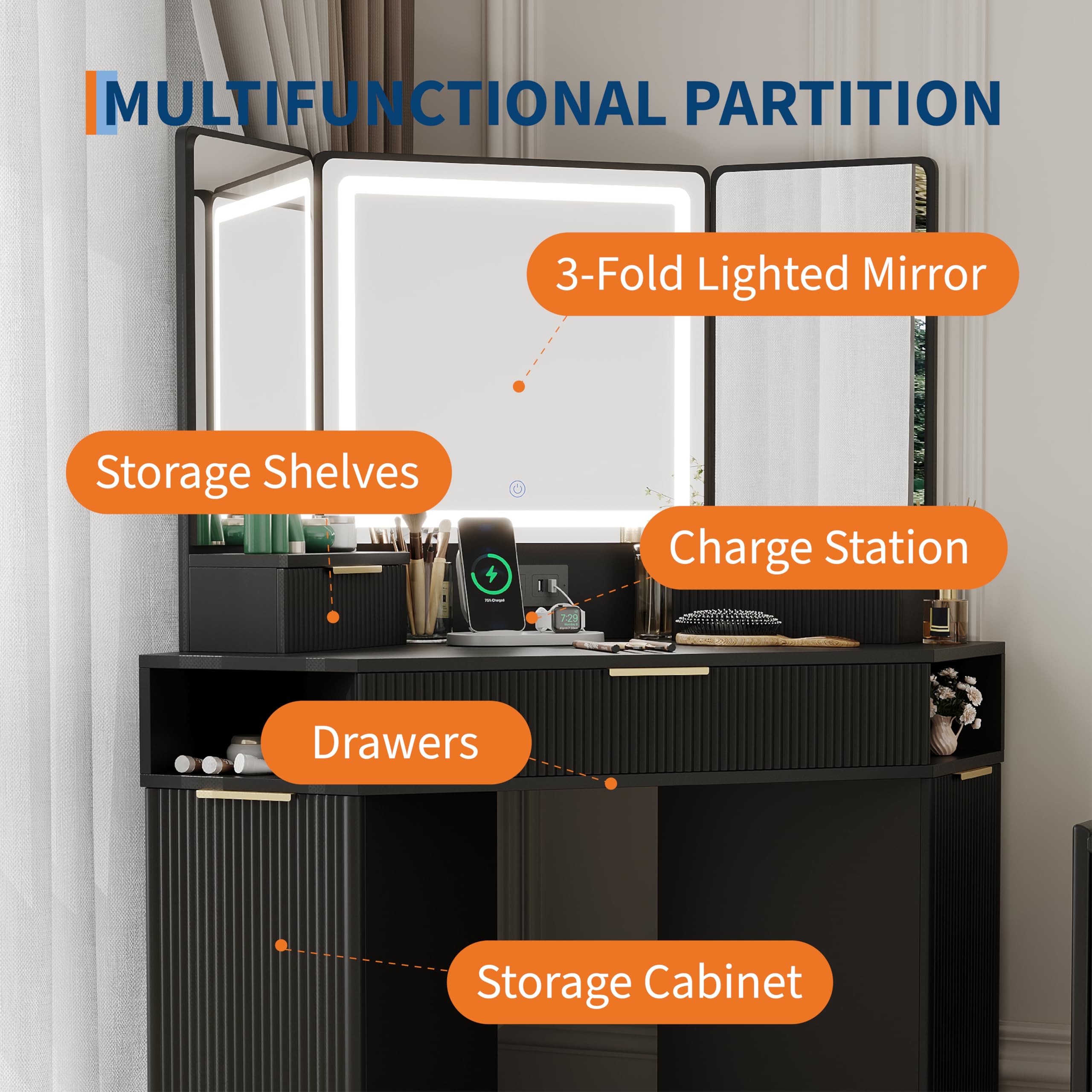 Garvee Black Corner Vanity, Corner Vanity Desk with Mirror and Lights, Fluted Makeup Table with Charging Station, Drawers, Storage Cabinets - Image 5