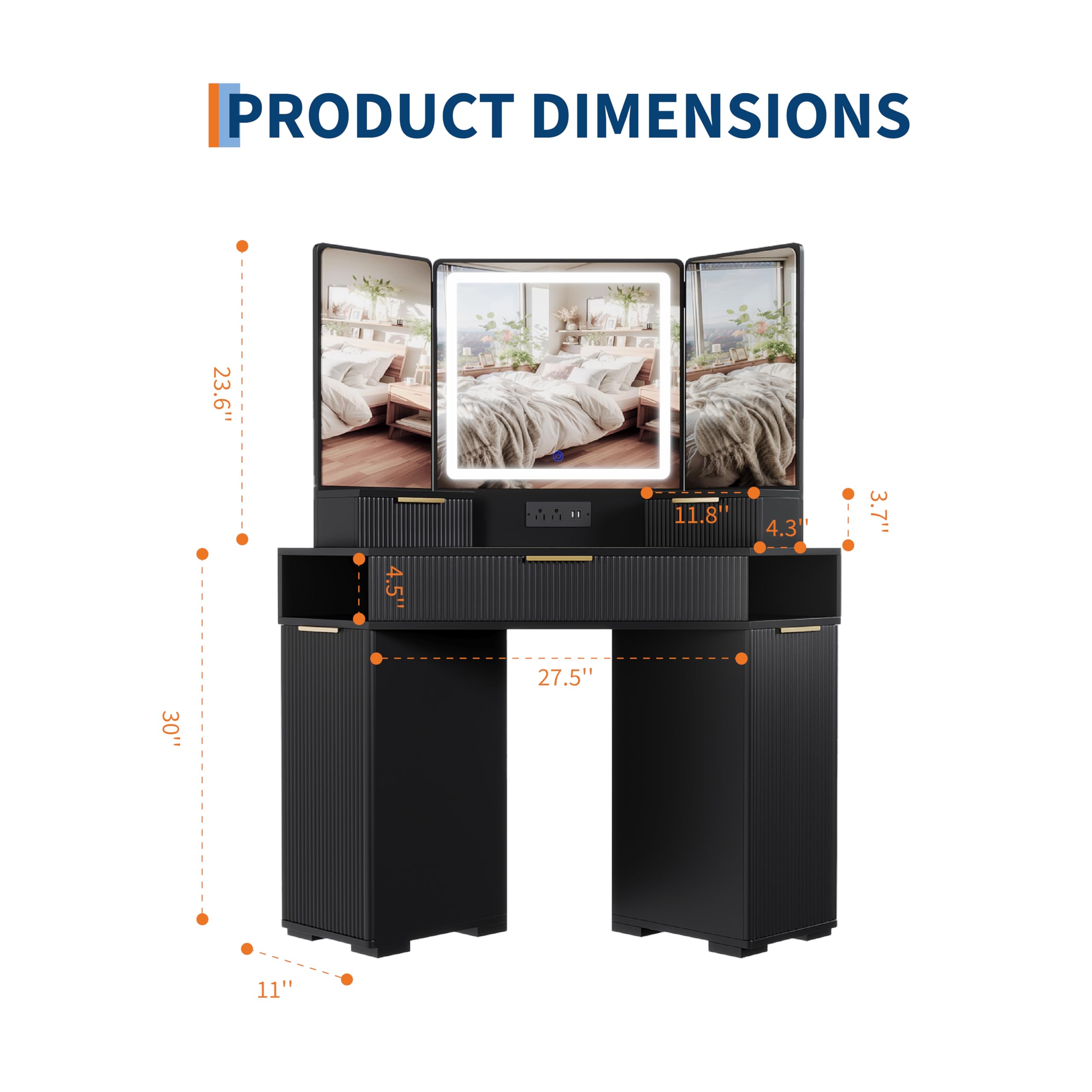 Garvee Black Corner Vanity, Corner Vanity Desk with Mirror and Lights, Fluted Makeup Table with Charging Station, Drawers, Storage Cabinets - Image 6