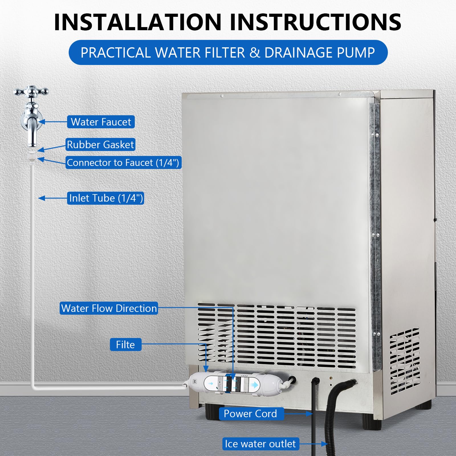 Garvee Commercial Ice Machine, 100 LBS/24h Ice Maker with 2 Water Inlet Modes, 50Pcs/Cycle, 33 LBS Storage Bin, Ice Machine for Home Bar, Coffee Shop, Business - Image 6