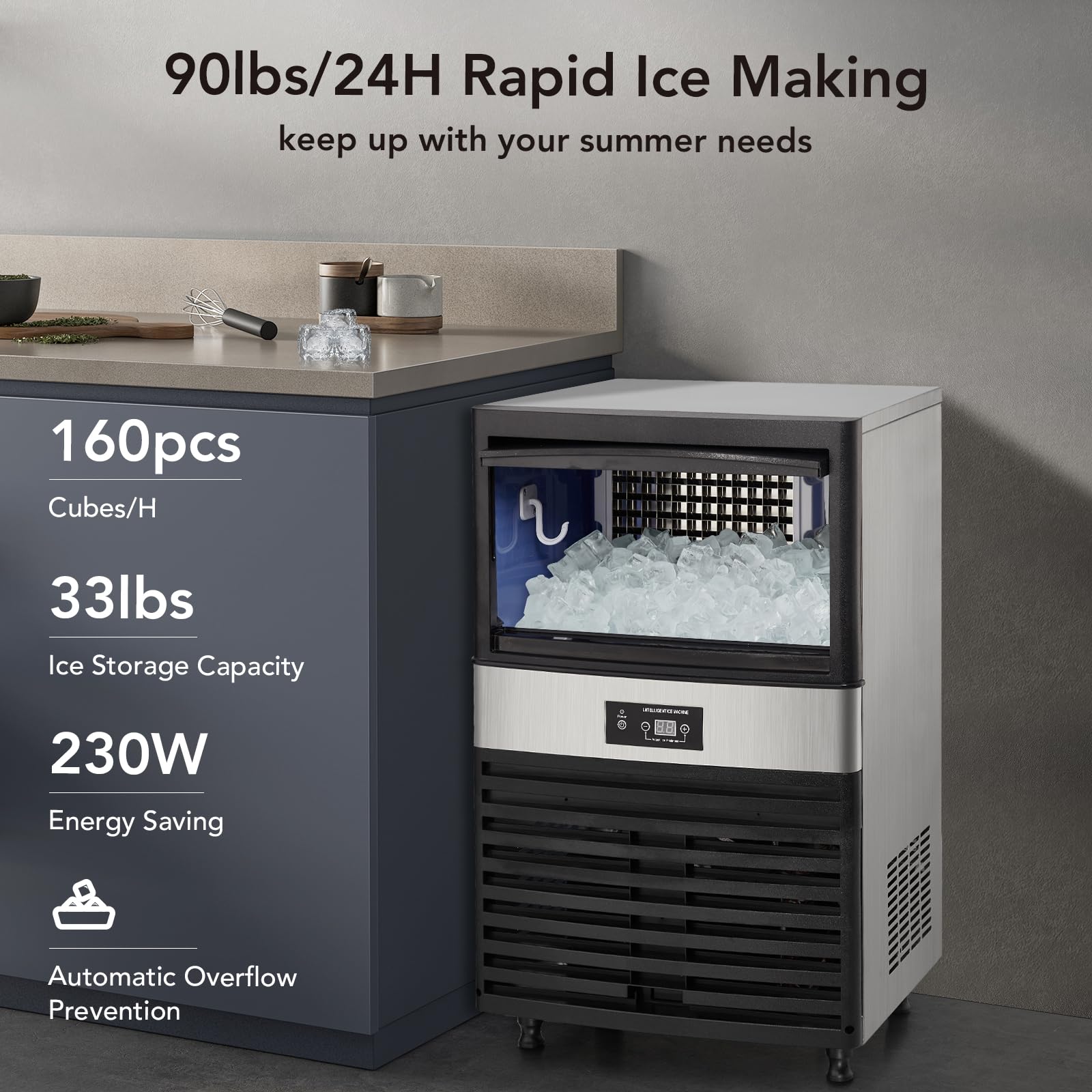 Garvee Commercial Ice Maker Machine 160 LBS/24H, Under-Counter Ice Machine, 60 Ice Cube with 44 LBS Ice Storage Capacity, Freestanding Ice Maker - Image 4