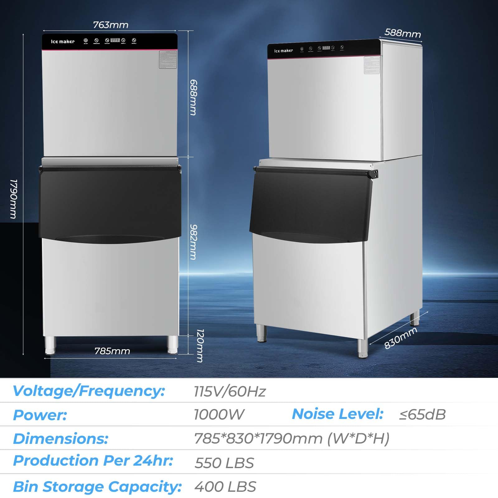 GARVEE Commercial Ice Maker Machine，550lbs/24H Ice Production, 400lbs Storage Bin, Under Counter Ice Machine,Water-Cooled Ice Maker for Restaurants/Bars/cafes/Coffee Shops/Offices/Medical uses - Image 3