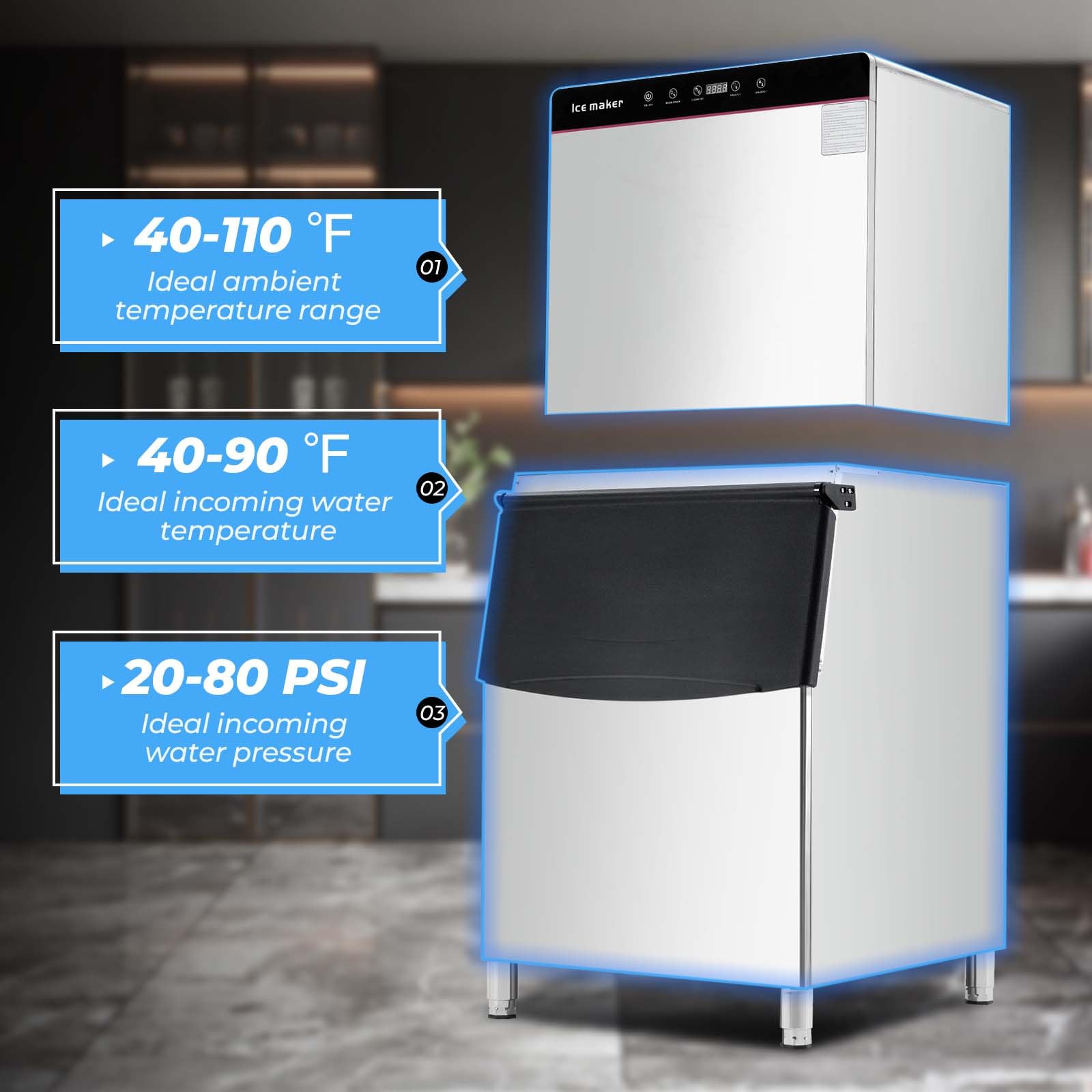 GARVEE Commercial Ice Maker Machine，550lbs/24H Ice Production, 400lbs Storage Bin, Under Counter Ice Machine,Water-Cooled Ice Maker for Restaurants/Bars/cafes/Coffee Shops/Offices/Medical uses - Image 5