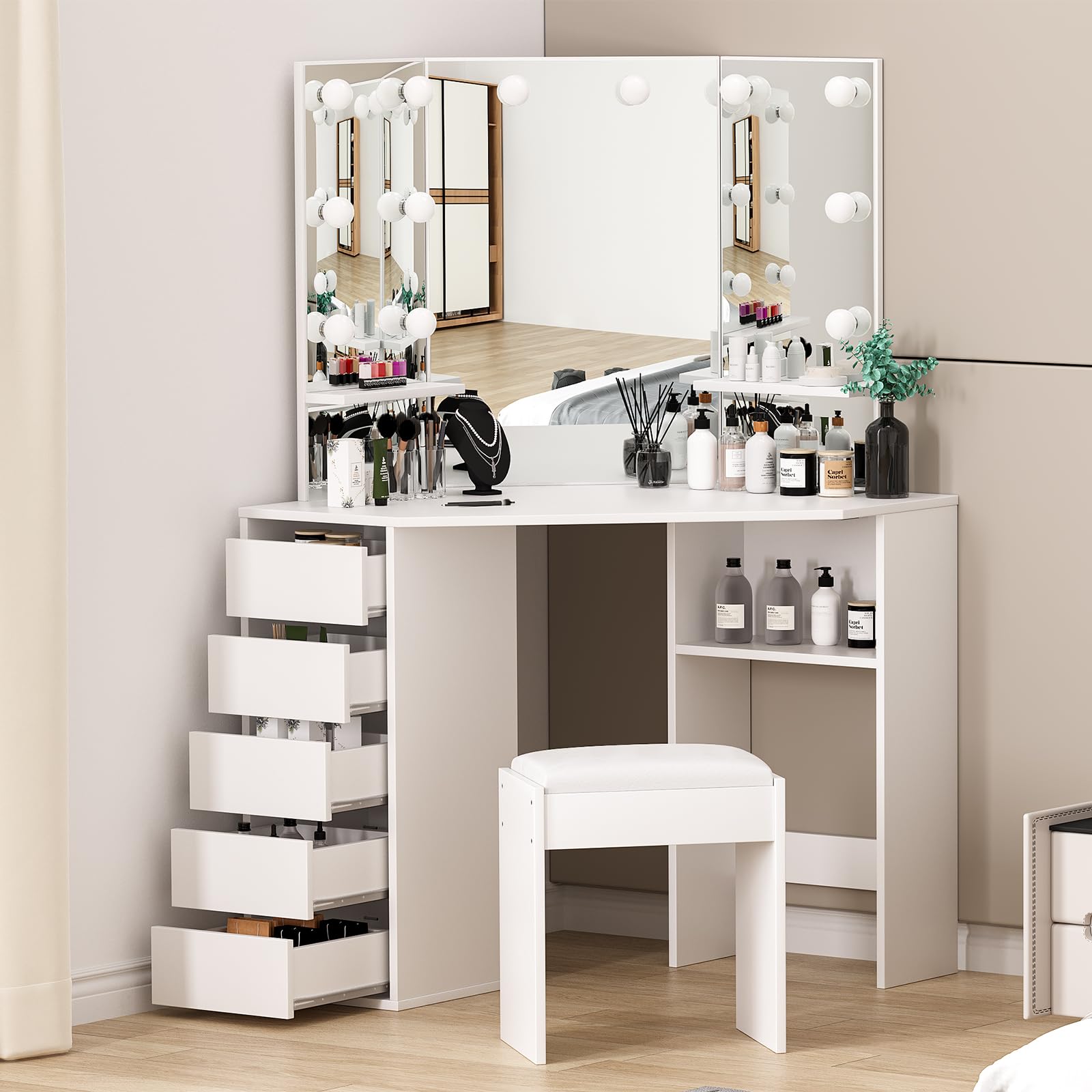 Garvee Corner Vanity Desk and Bench, Makeup Vanity Table with 3-Folding Lighted Mirrors, Charging Station, 5 Drawers for Bedroom - Image 3