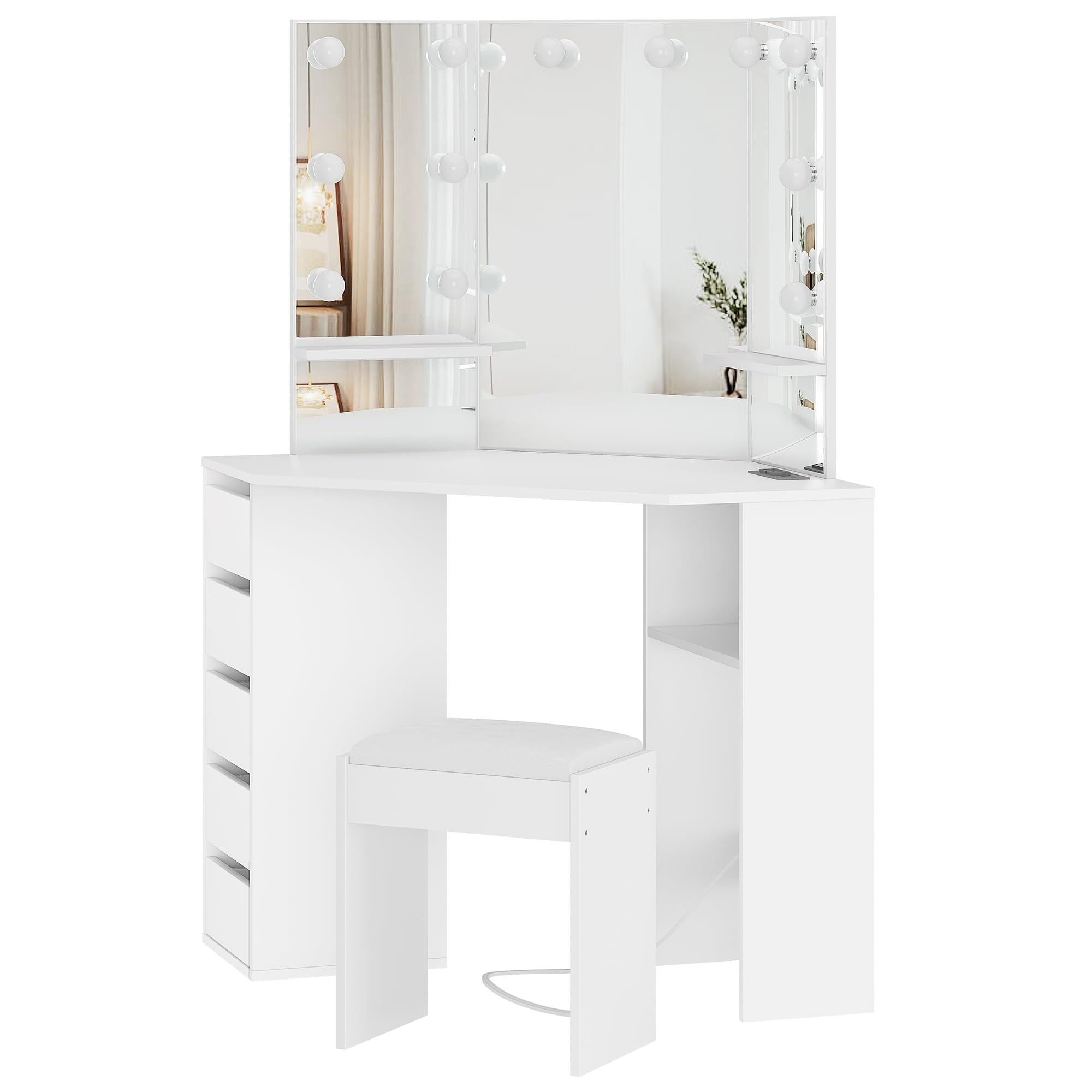 Garvee Corner Vanity Desk and Bench, Makeup Vanity Table with 3-Folding Lighted Mirrors, Charging Station, 5 Drawers for Bedroom - Image 4