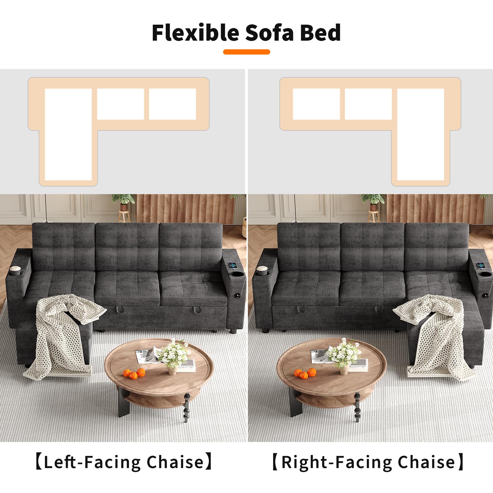 Garvee Couches for Living Room, 84'' Sofa Bed，l-Shaped Sectional Sleeper Sofa with Pull Out Bed，Reversible Storage Chaises， Hidden Storage Armrests，Cup Holders & USB Charging Ports - Image 3