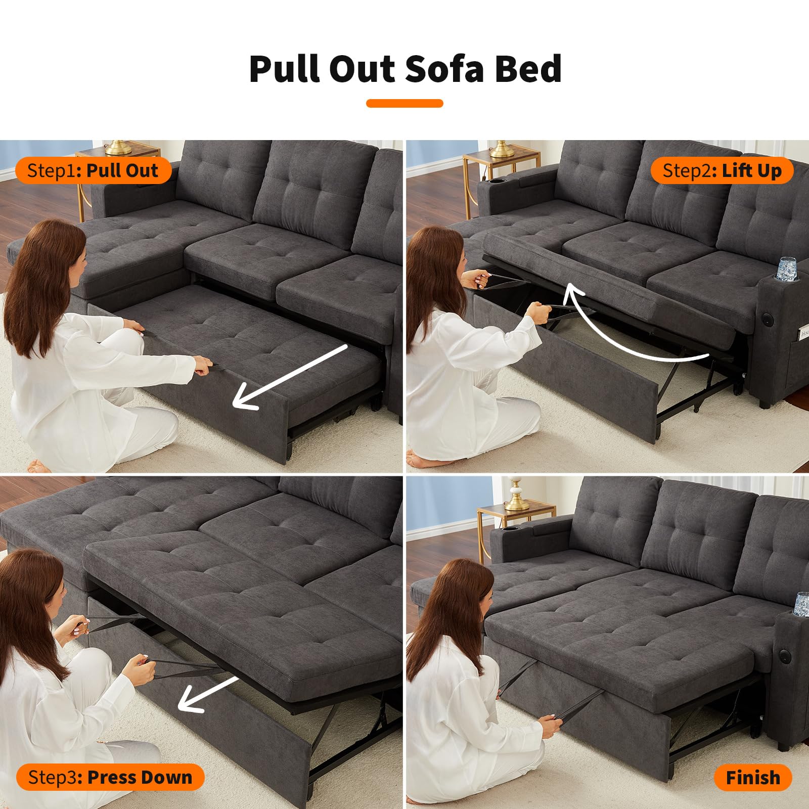 Garvee Couches for Living Room, 84'' Sofa Bed，l-Shaped Sectional Sleeper Sofa with Pull Out Bed，Reversible Storage Chaises， Hidden Storage Armrests，Cup Holders & USB Charging Ports - Image 4