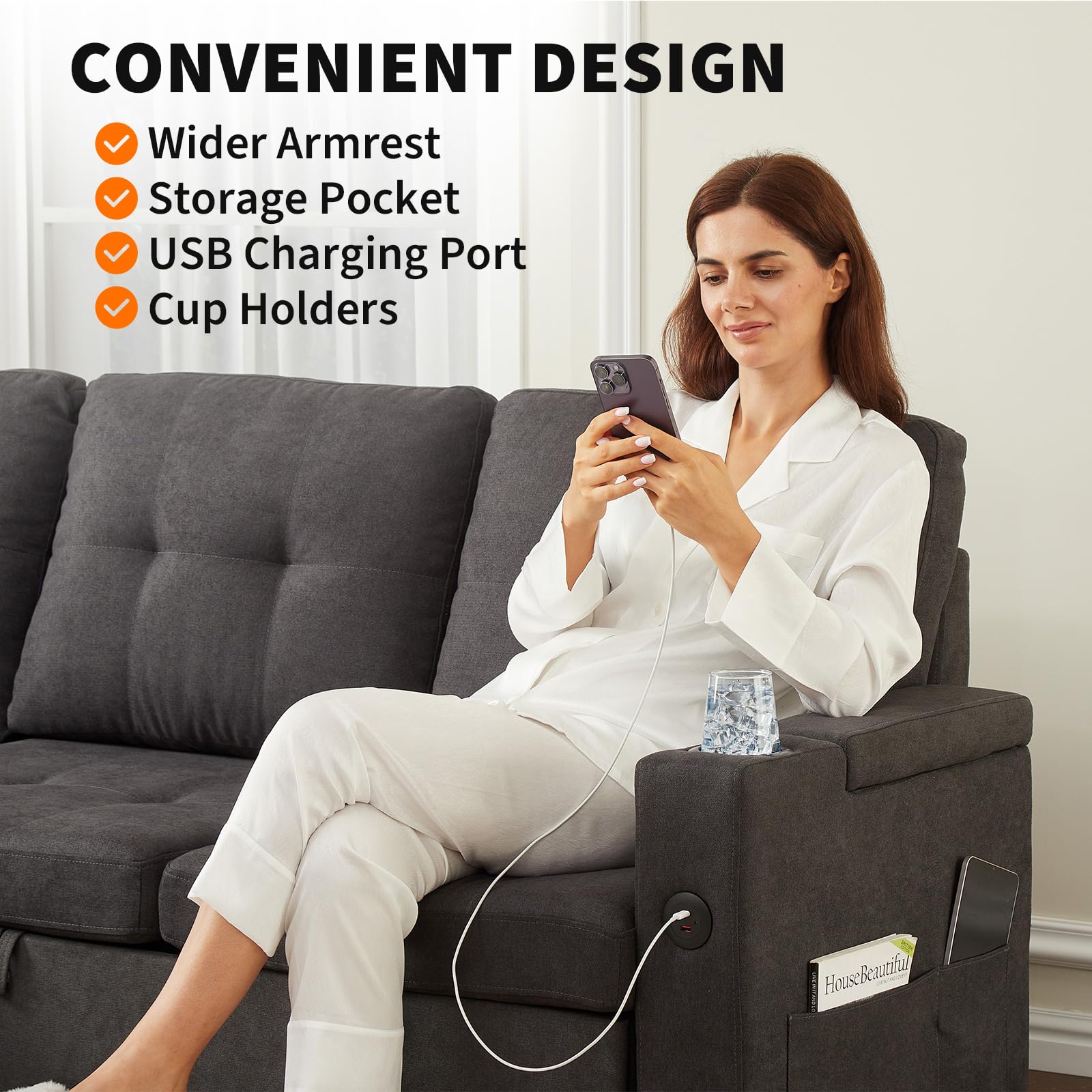 Garvee Couches for Living Room, 84'' Sofa Bed，l-Shaped Sectional Sleeper Sofa with Pull Out Bed，Reversible Storage Chaises， Hidden Storage Armrests，Cup Holders & USB Charging Ports - Image 5