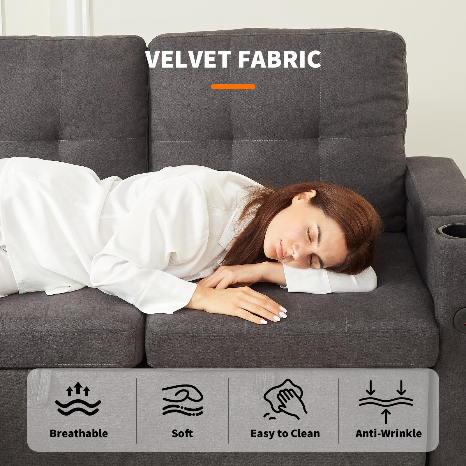 Garvee Couches for Living Room, 84'' Sofa Bed，l-Shaped Sectional Sleeper Sofa with Pull Out Bed，Reversible Storage Chaises， Hidden Storage Armrests，Cup Holders & USB Charging Ports - Image 6