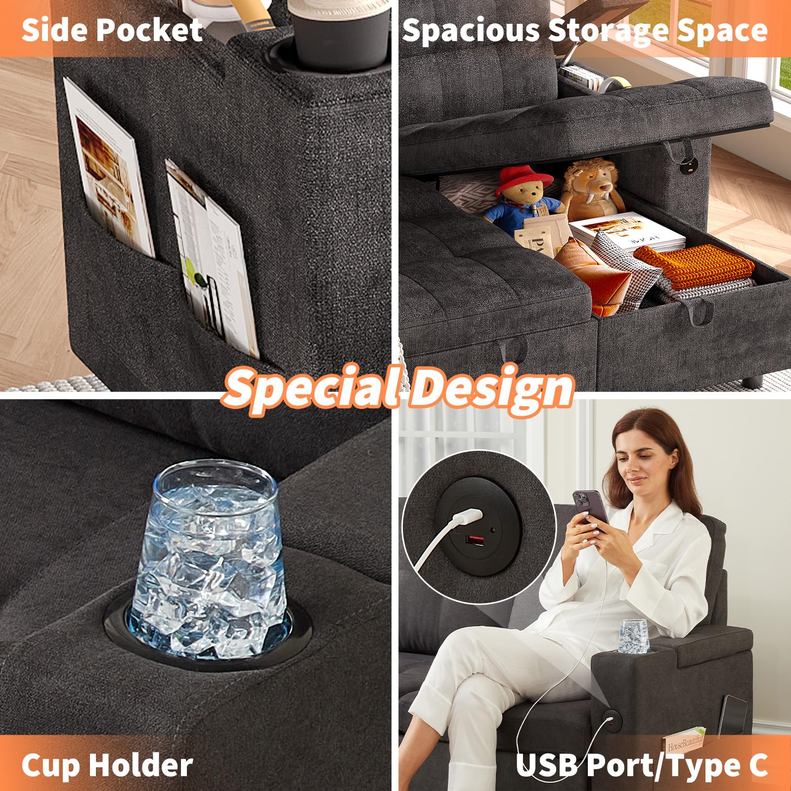 Garvee Couches for Living Room, 84'' Sofa Bed，l-Shaped Sectional Sleeper Sofa with Pull Out Bed，Reversible Storage Chaises， Hidden Storage Armrests，Cup Holders & USB Charging Ports - Image 7