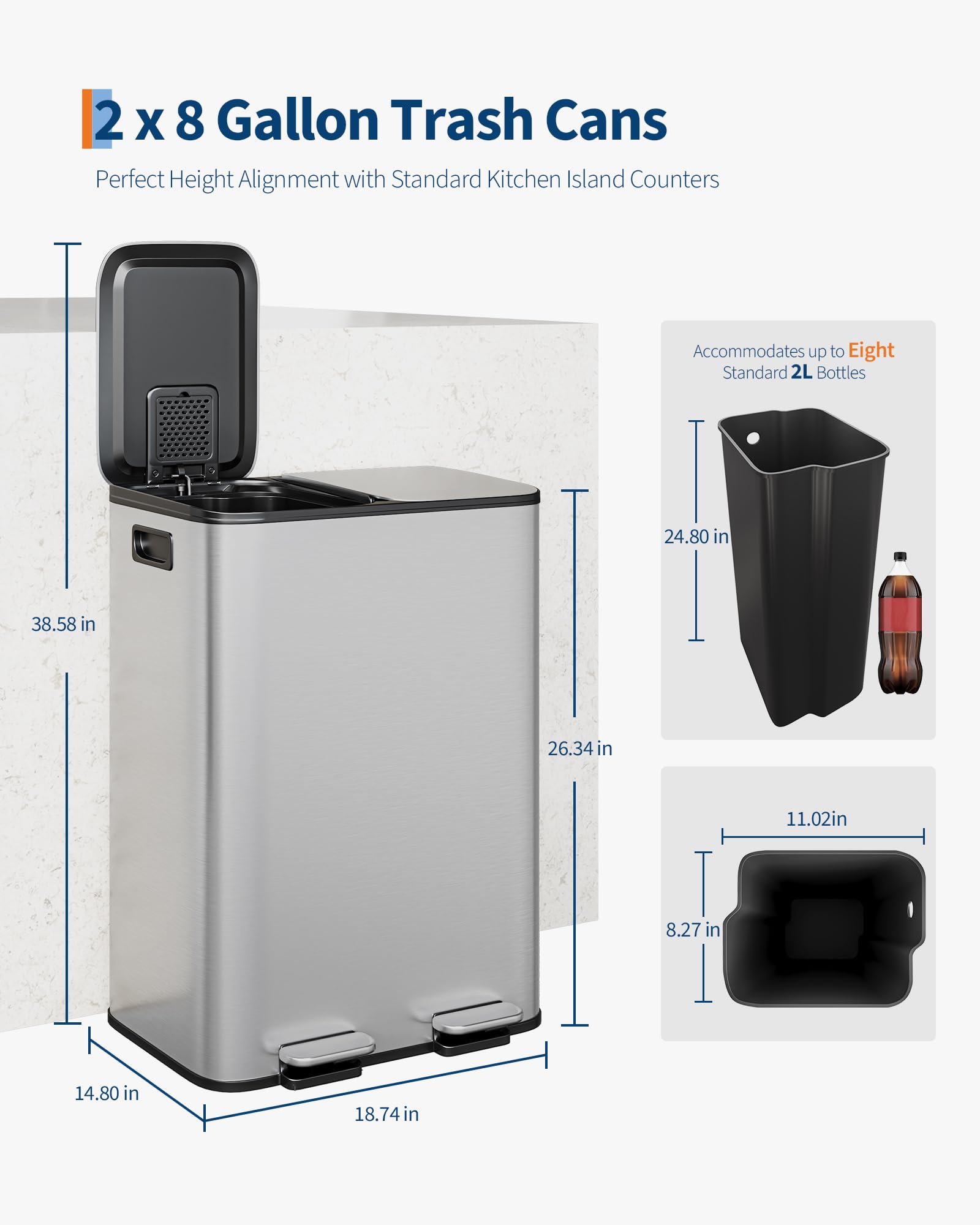 Garvee Double Trash Can, 2 x 8 gal (2 x 30 L) Garbage Can for Kitchen Dual Compartment Recycling Kitchen Step Trash Bin, Stainless Steel Trash and Recycle Bin Combo with Soft-Close Lid,Silver - Image 6