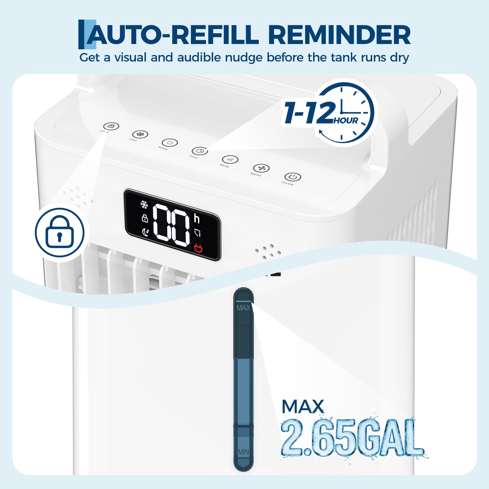 Garvee Evaporative Air Cooler, 10L (2.6Gal) Portable Cooler Fan with TOUCH SCREEN & Remote Control, 3 Speeds & 3 Modes, LED Display, Ice Packs & Casters Included, for Bedroom, Office, Home - Image 3