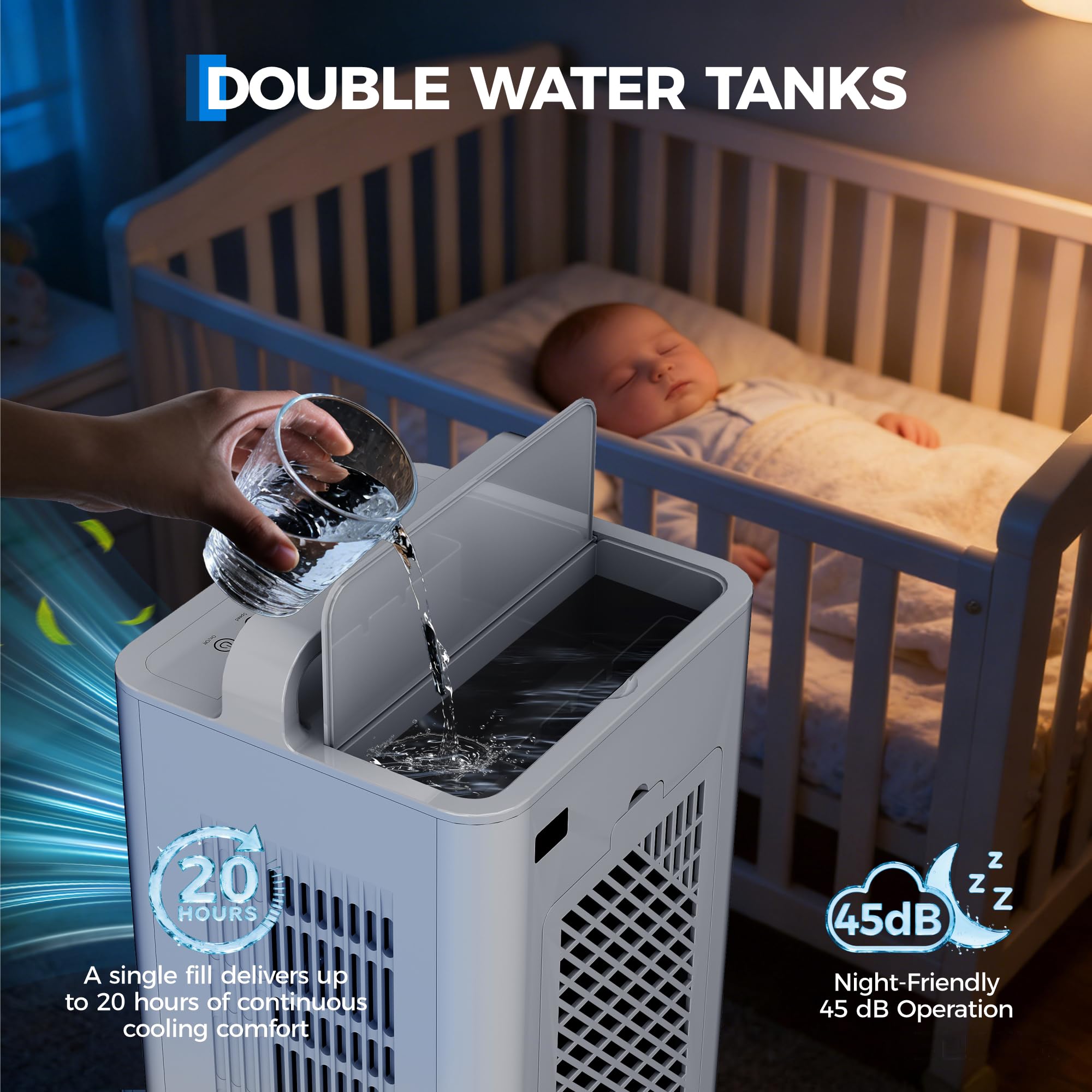 Garvee Evaporative Air Cooler, 10L (2.6Gal) Portable Cooler Fan with TOUCH SCREEN & Remote Control, 3 Speeds & 3 Modes, LED Display, Ice Packs & Casters Included, for Bedroom, Office, Home - Image 5