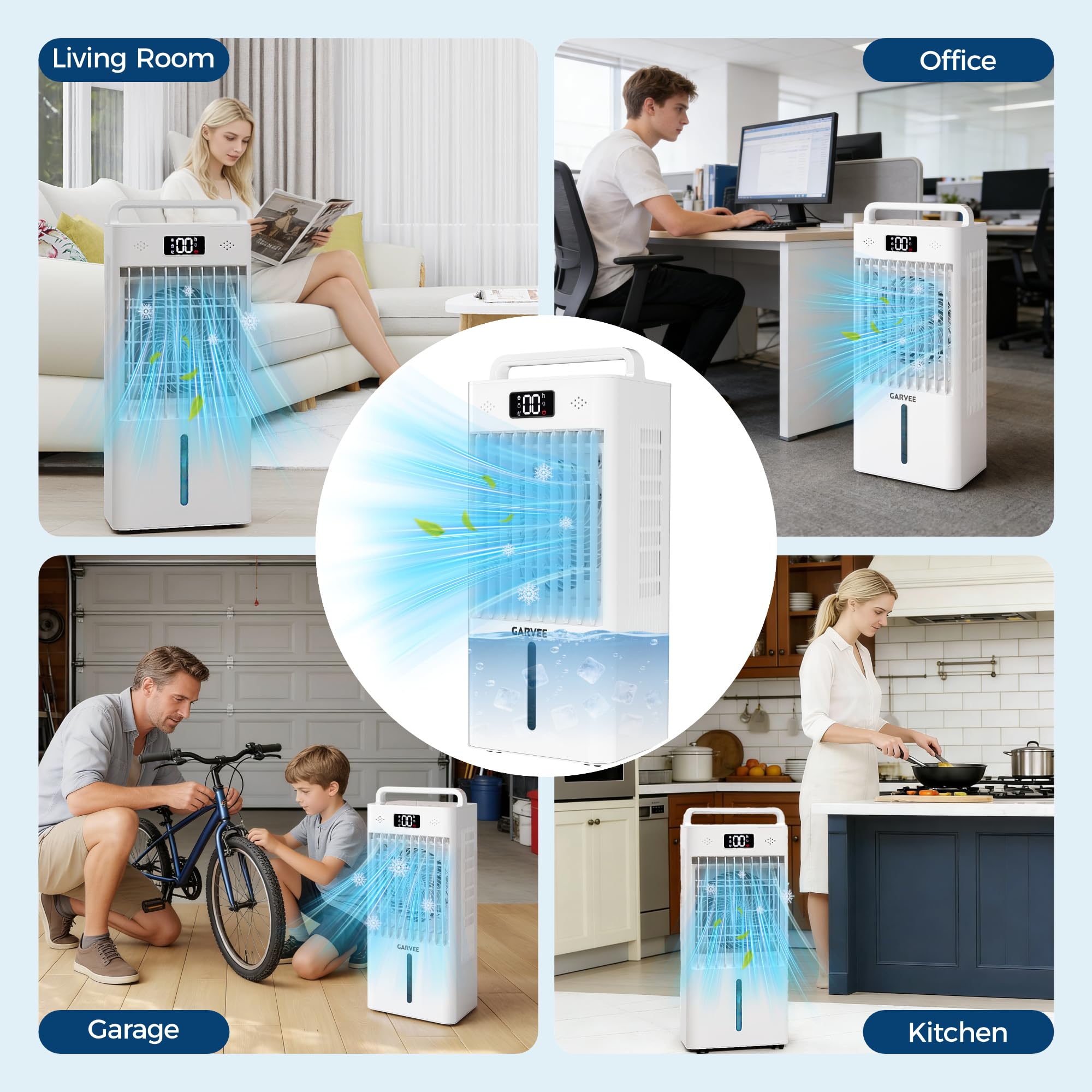 Garvee Evaporative Air Cooler, 10L (2.6Gal) Portable Cooler Fan with TOUCH SCREEN & Remote Control, 3 Speeds & 3 Modes, LED Display, Ice Packs & Casters Included, for Bedroom, Office, Home - Image 7