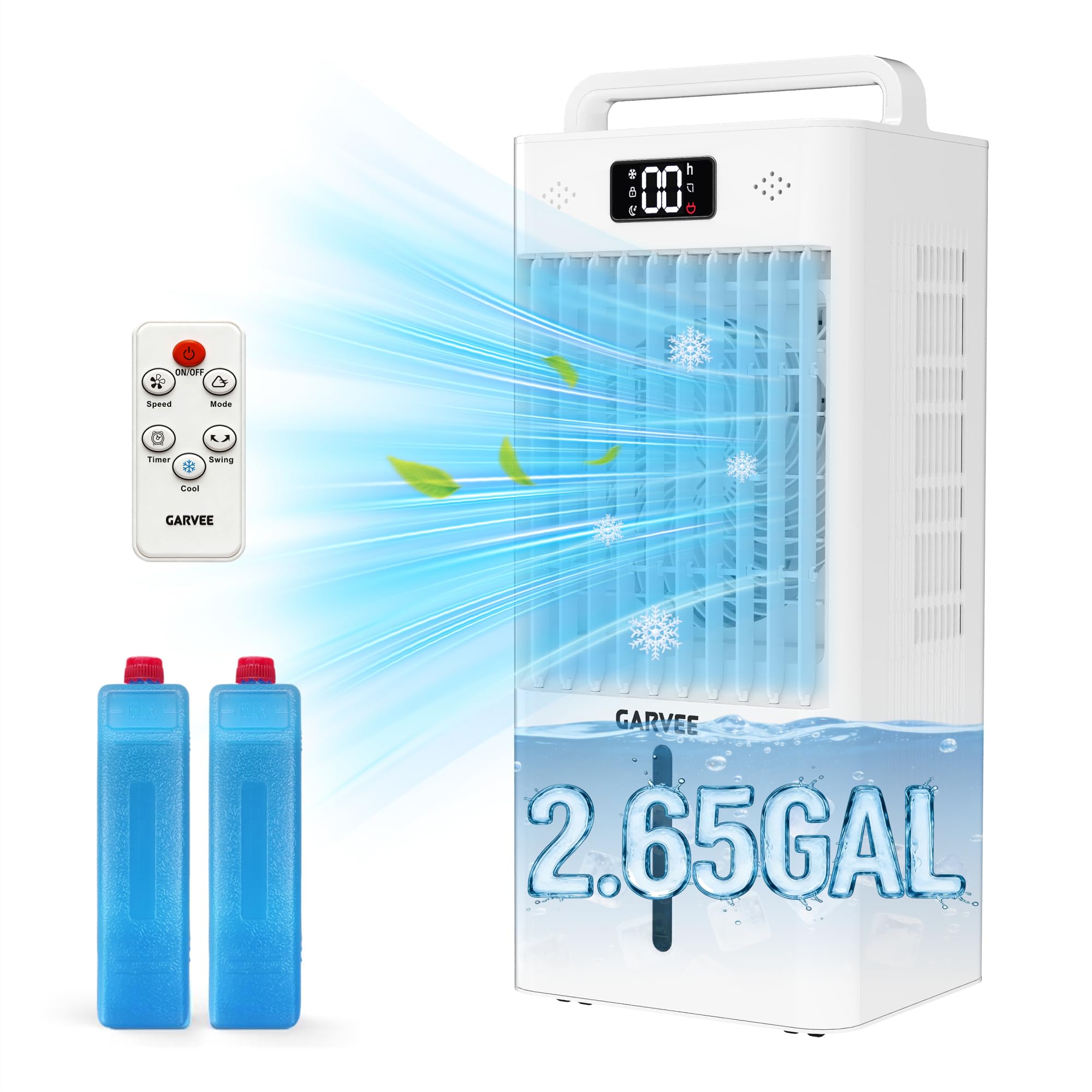 Garvee Evaporative Air Cooler, 10L (2.6Gal) Portable Cooler Fan with TOUCH SCREEN & Remote Control, 3 Speeds & 3 Modes, LED Display, Ice Packs & Casters Included, for Bedroom, Office, Home - Image 8