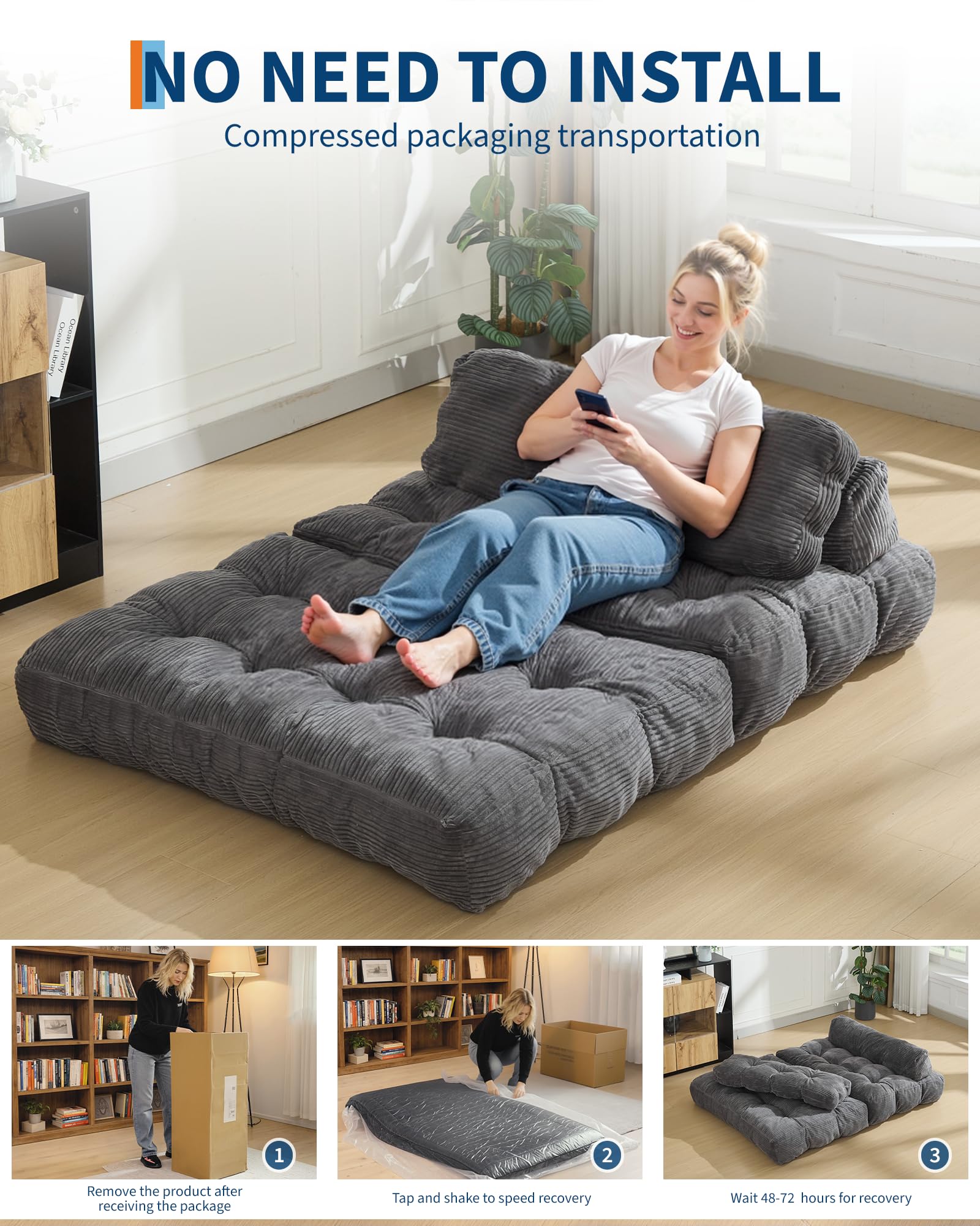 Garvee Folding Sofa Bed, Convertible Sleeper Chair with Pillow Foldable Mattress with Back Support, Boneless Fold Out Chair Bed Comfy Floor Sofa Lounge for Living Room, Bedroom, Dark Gray, Full - Image 3