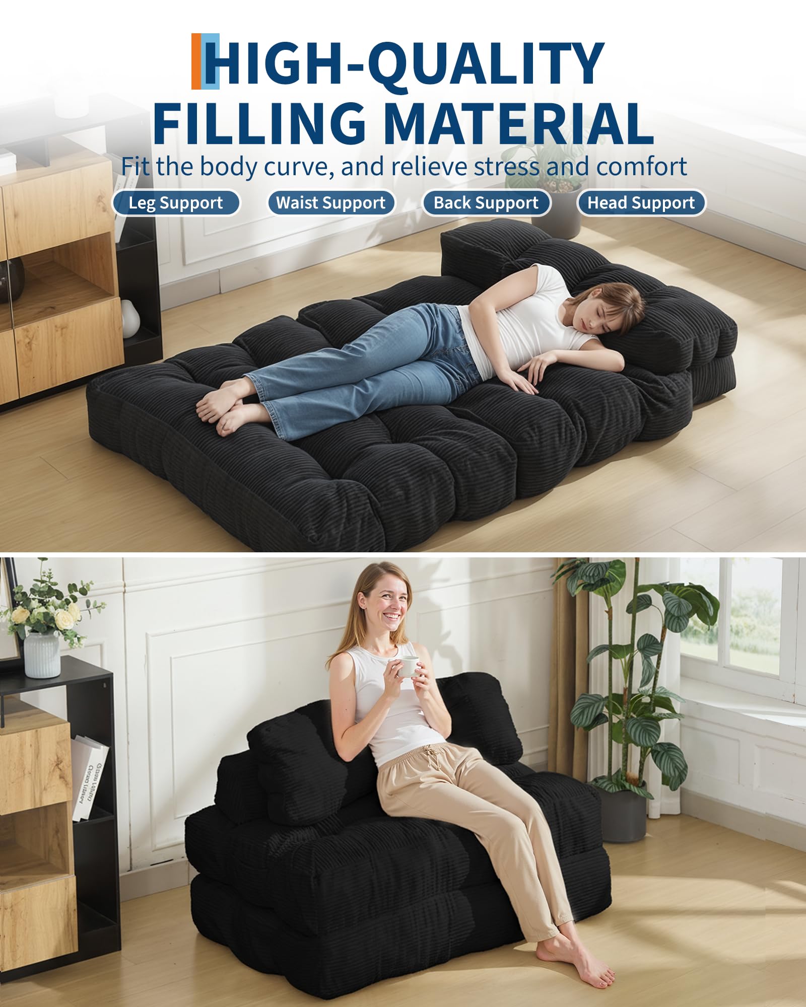 Garvee Folding Sofa Bed, Convertible Sleeper Chair with Pillow Foldable Mattress with Back Support, Boneless Fold Out Chair Bed Comfy Floor Sofa Lounge for Living Room, Bedroom, Dark Gray, Full - Image 6