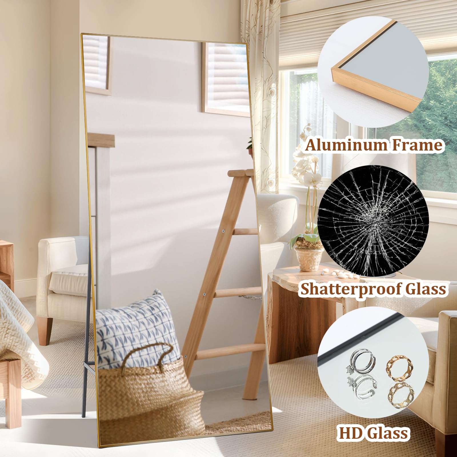 Garvee Full Length Mirror 76 * 34, Oversized Full-Body Hanging or Leaning Rectangle Mirror, Aluminum Alloy Thin Frame Floor Mirror for Bedroom, Living/Dressing Room, Gym, Gold - Image 4