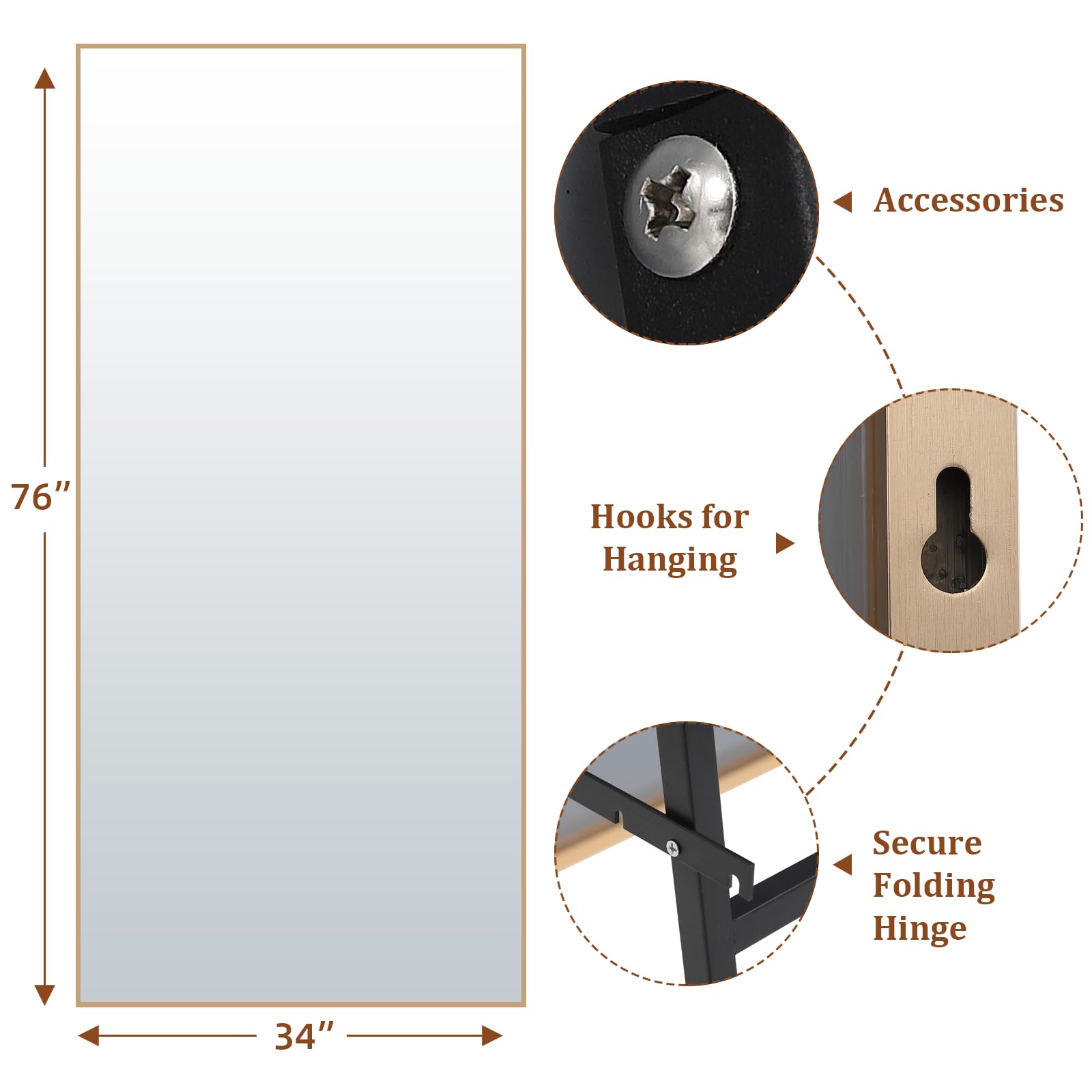 Garvee Full Length Mirror 76 * 34, Oversized Full-Body Hanging or Leaning Rectangle Mirror, Aluminum Alloy Thin Frame Floor Mirror for Bedroom, Living/Dressing Room, Gym, Gold - Image 7