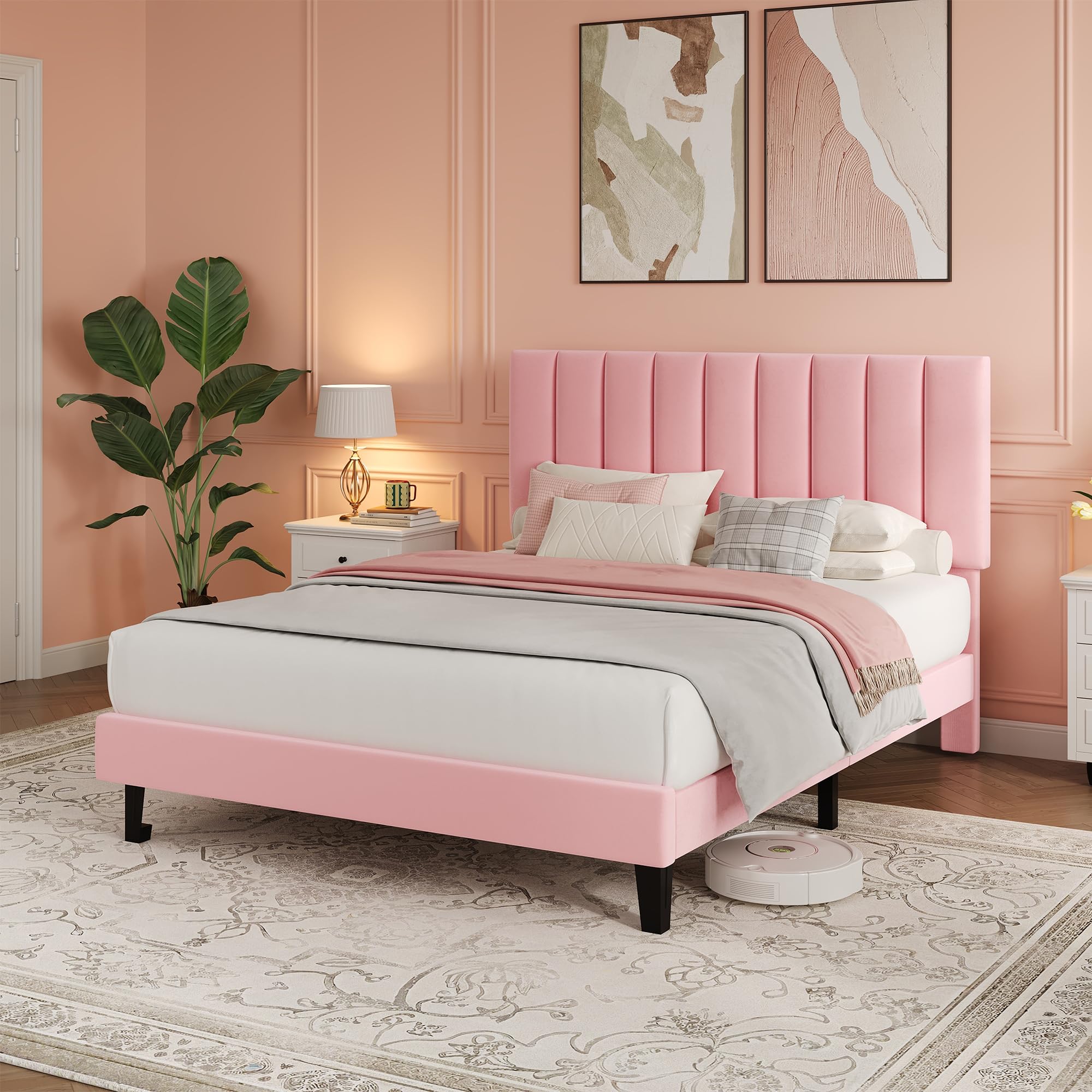 Garvee Full Size Bed Frame, Velvet Upholstered Platform Bed with Adjustable Tufted Headboard, No Box Spring Needed, Easy Assembly, Pink - Image 3
