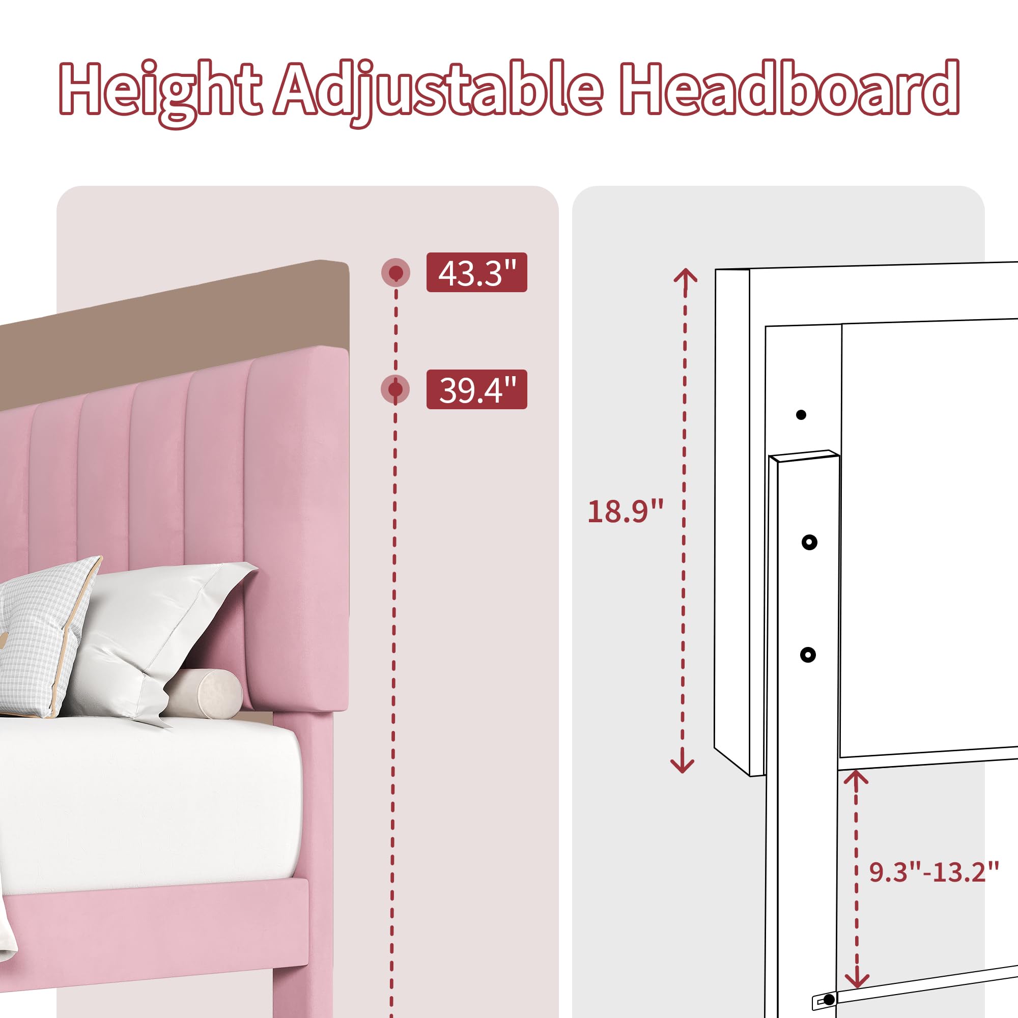 Garvee Full Size Bed Frame, Velvet Upholstered Platform Bed with Adjustable Tufted Headboard, No Box Spring Needed, Easy Assembly, Pink - Image 4