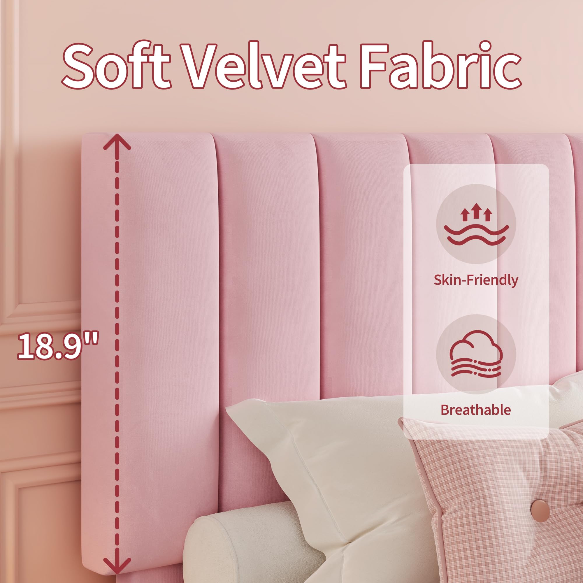 Garvee Full Size Bed Frame, Velvet Upholstered Platform Bed with Adjustable Tufted Headboard, No Box Spring Needed, Easy Assembly, Pink - Image 5