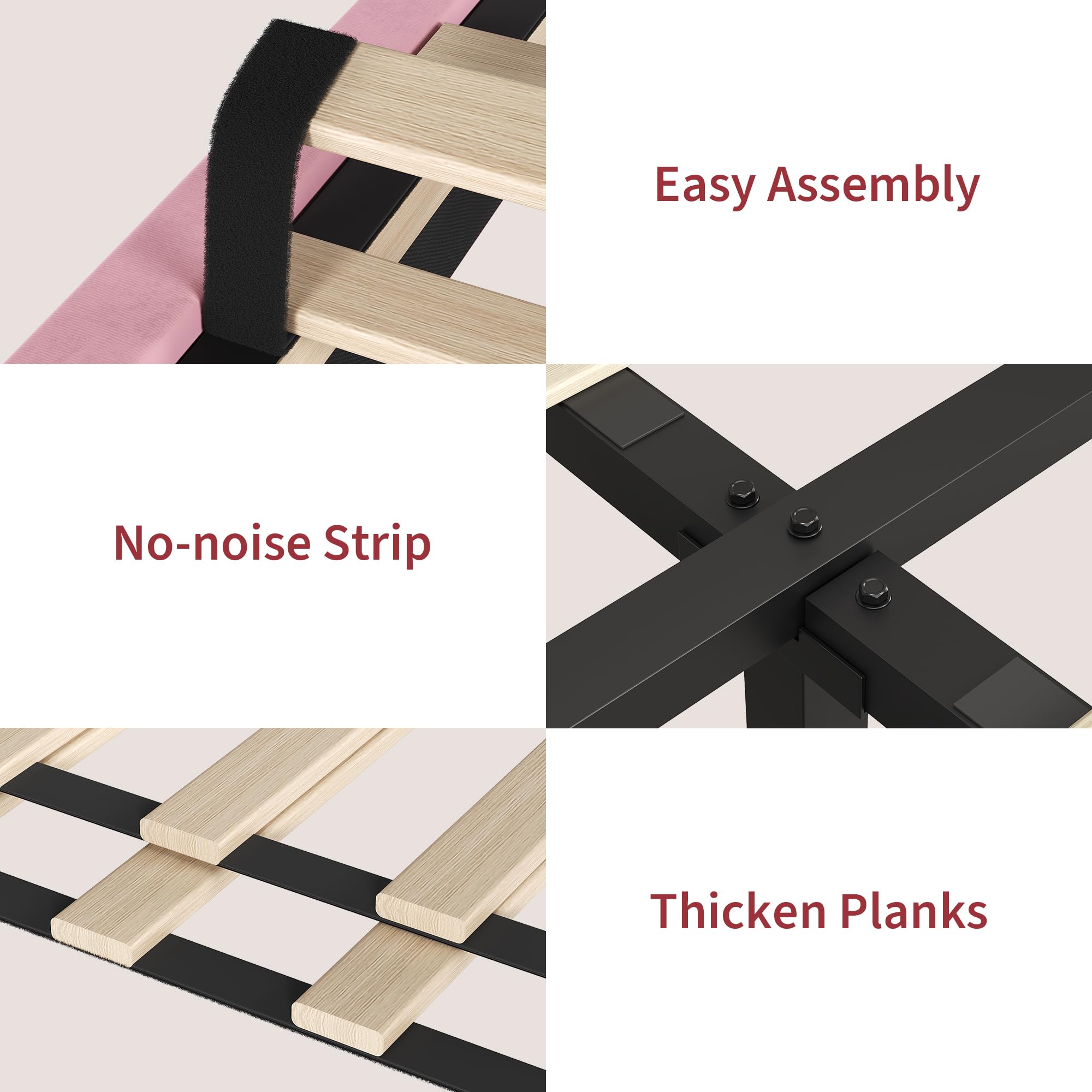 Garvee Full Size Bed Frame, Velvet Upholstered Platform Bed with Adjustable Tufted Headboard, No Box Spring Needed, Easy Assembly, Pink - Image 7