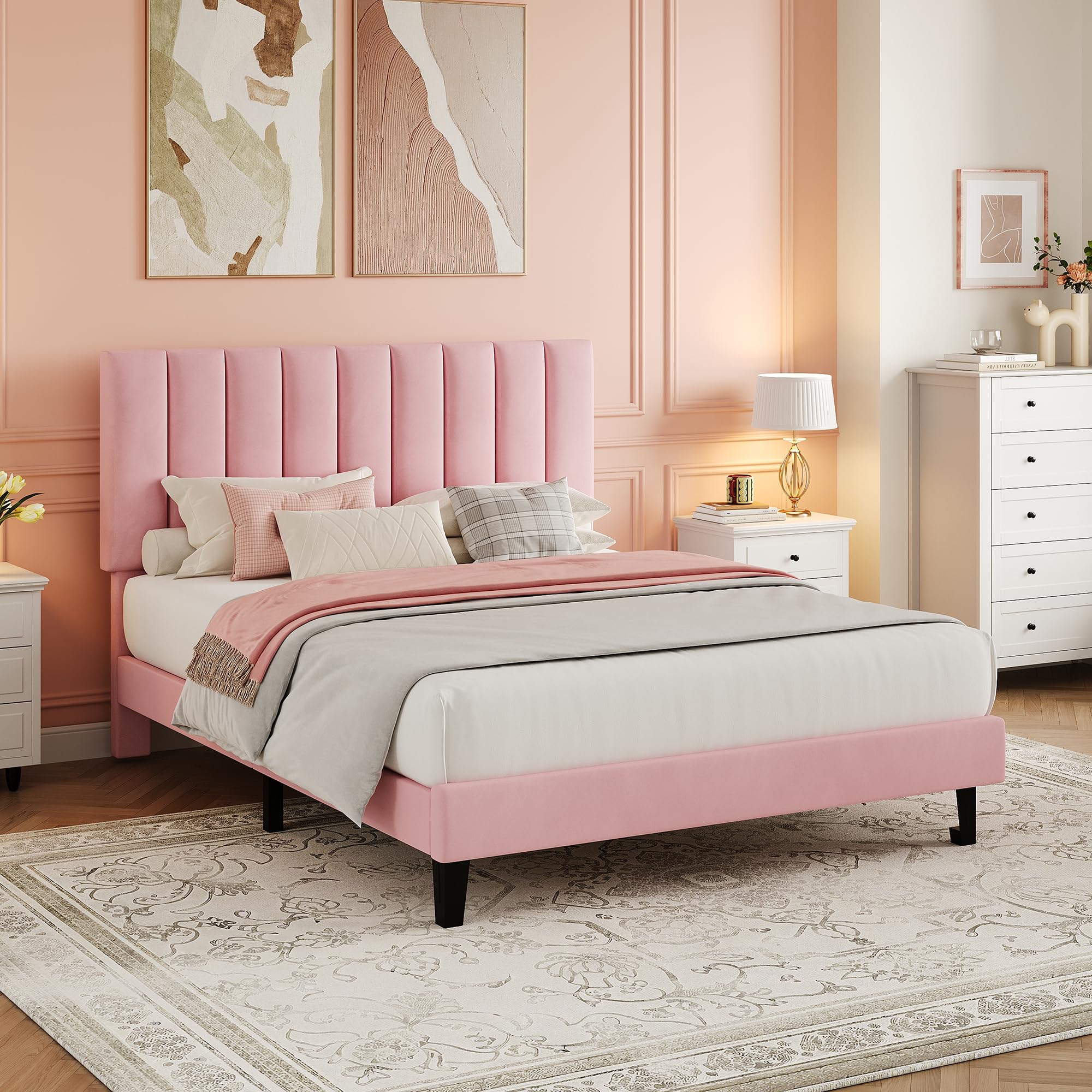Garvee Full Size Bed Frame, Velvet Upholstered Platform Bed with Adjustable Tufted Headboard, No Box Spring Needed, Easy Assembly, Pink - Image 8