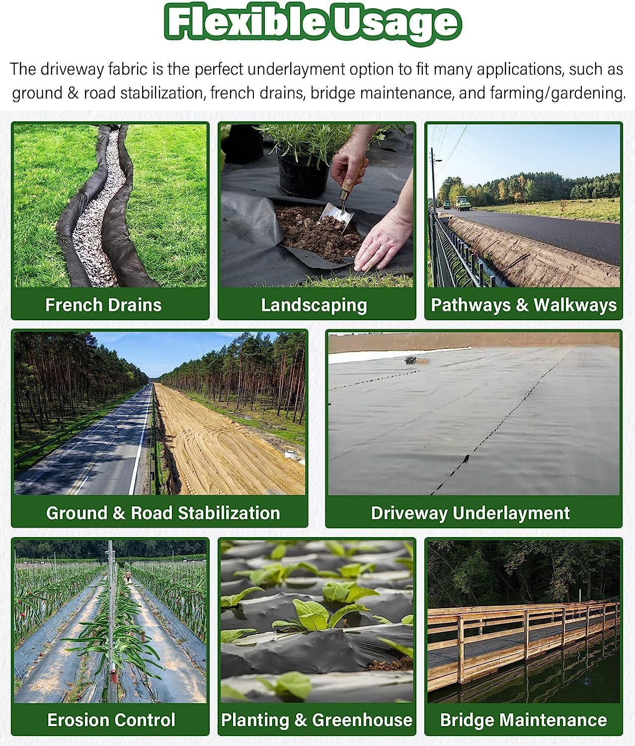 Garvee Geotextile Landscape, 6 ft x 50 ft & 6 oz Geotextile Fabric, PP Drainage 350N Tensile Strength & 440N Load Capacity, for Driveway & Road Stabilizationr, Erosion Control, French Drains - Image 6