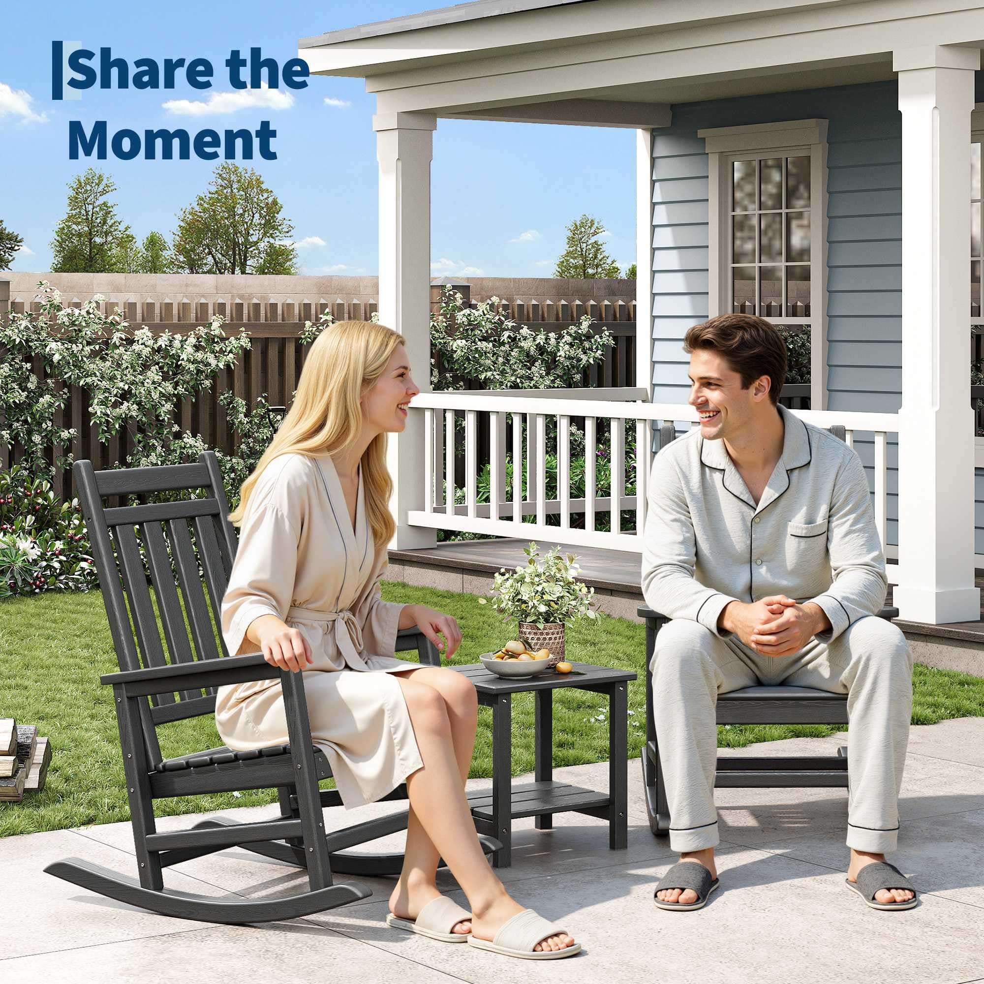 Garvee HDPE Rocking Chair Outdoor Set of 2 with Side Table - Poly High Back Porch Rocker Chairs for Adults - All Weather Resistant Furniture for Patio Front Porch - Black - Image 3