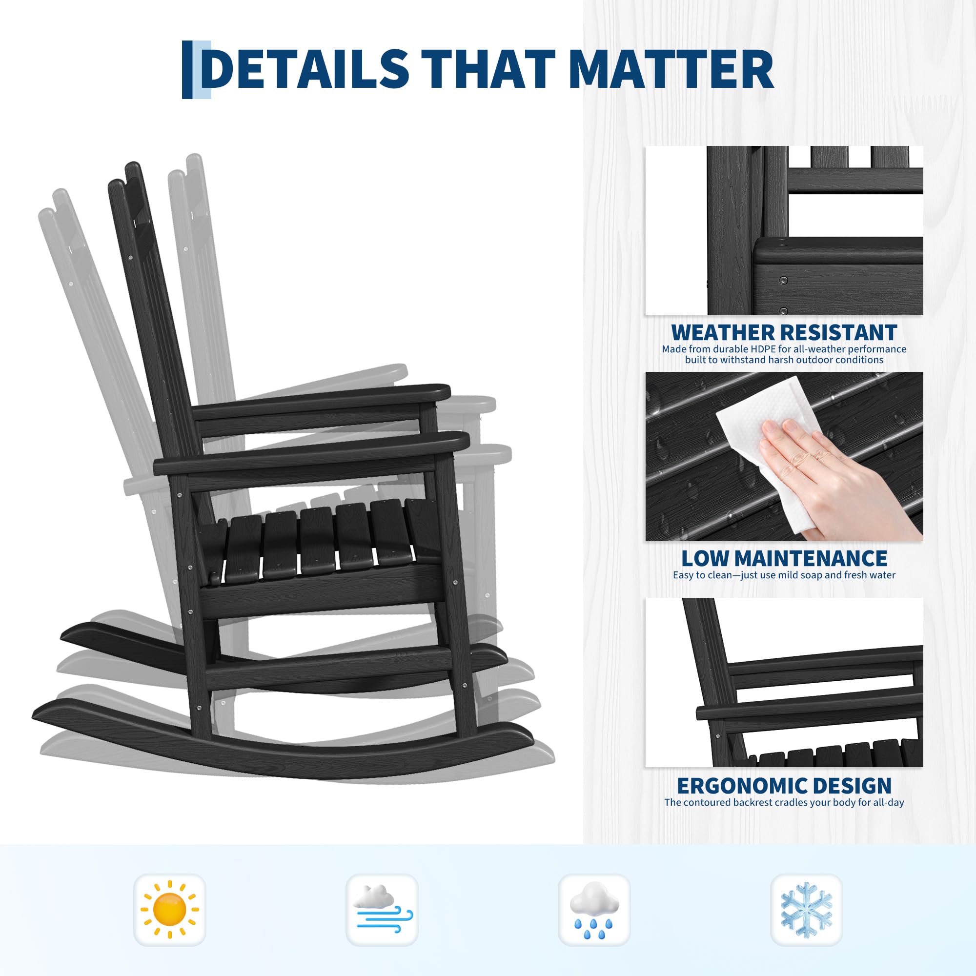 Garvee HDPE Rocking Chair Outdoor Set of 2 with Side Table - Poly High Back Porch Rocker Chairs for Adults - All Weather Resistant Furniture for Patio Front Porch - Black - Image 5